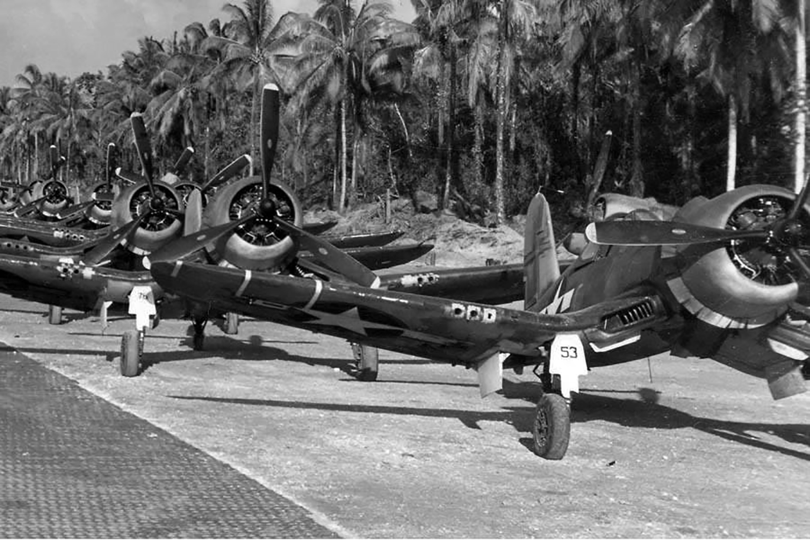 Vought F4U 1A Corsairs VMF 216 White 53 and 76 parked at Cape Torokina Bougainville 17th Dec 1943 01