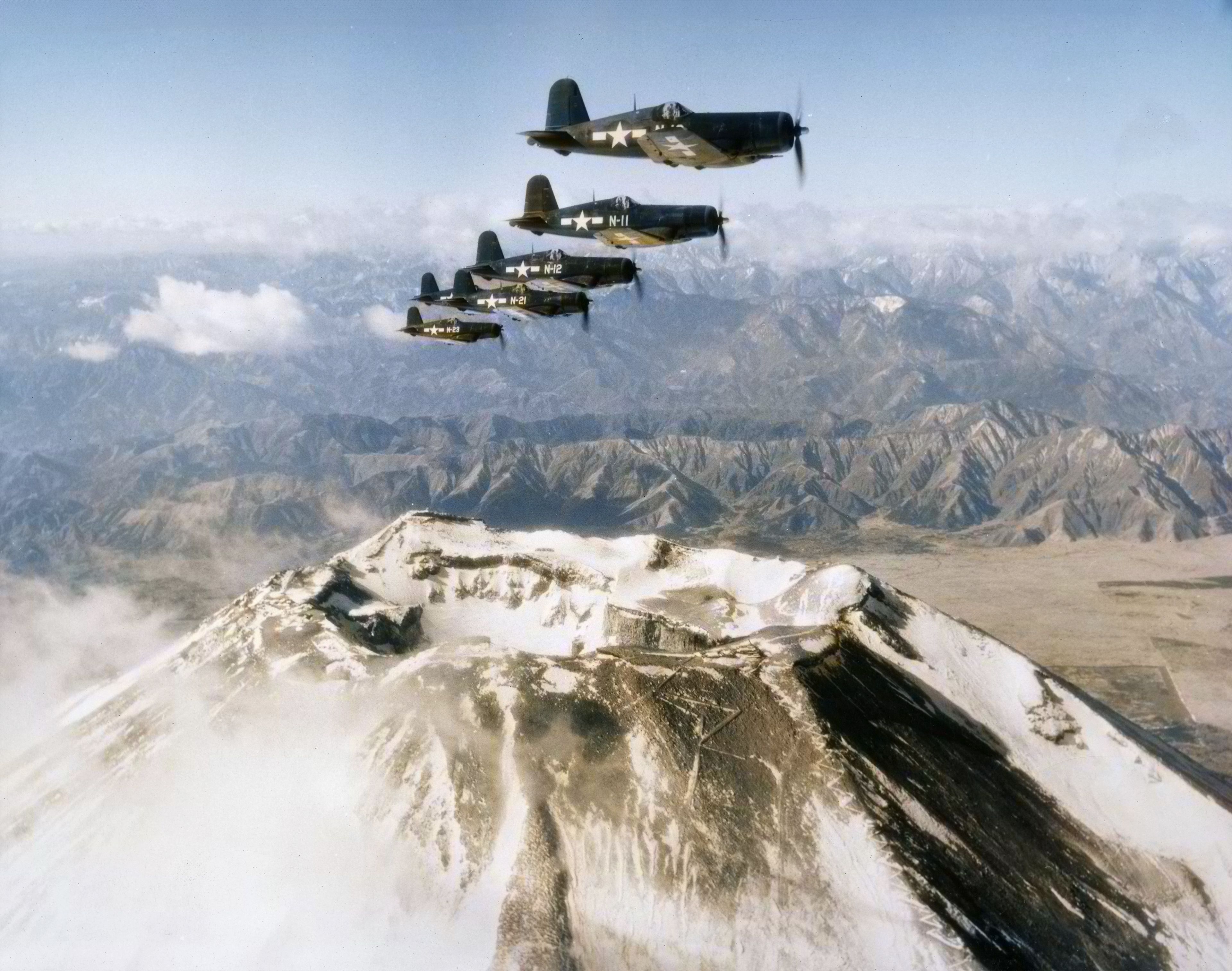Vought F4U-1C Corsair VMF-311 White N10 N11 N12 N21 and N23 over Fujiyama Japan 1945 NARA 127 GR 60 140147