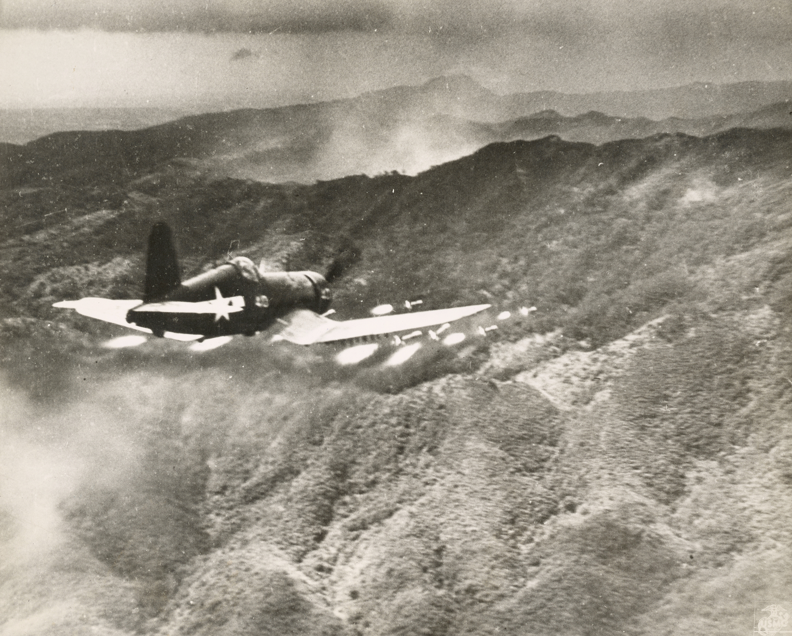 Goodyear FG 1D Corsair VMF 323 White 40 firing a salvo of rockets over Okinawa Japan Apr 1945 03a