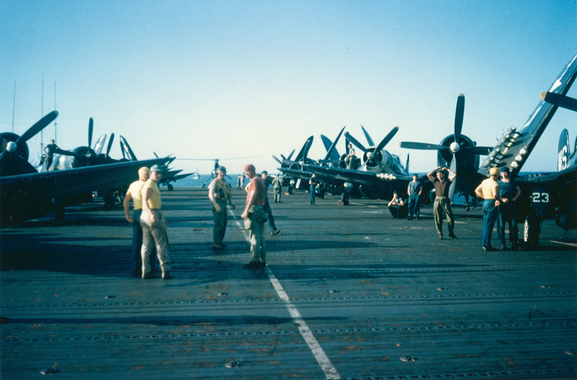 Vought F4U 4 Corsair VMF 323 White WS23 preparing for launch CVE 118 USS Sicily 1951 01