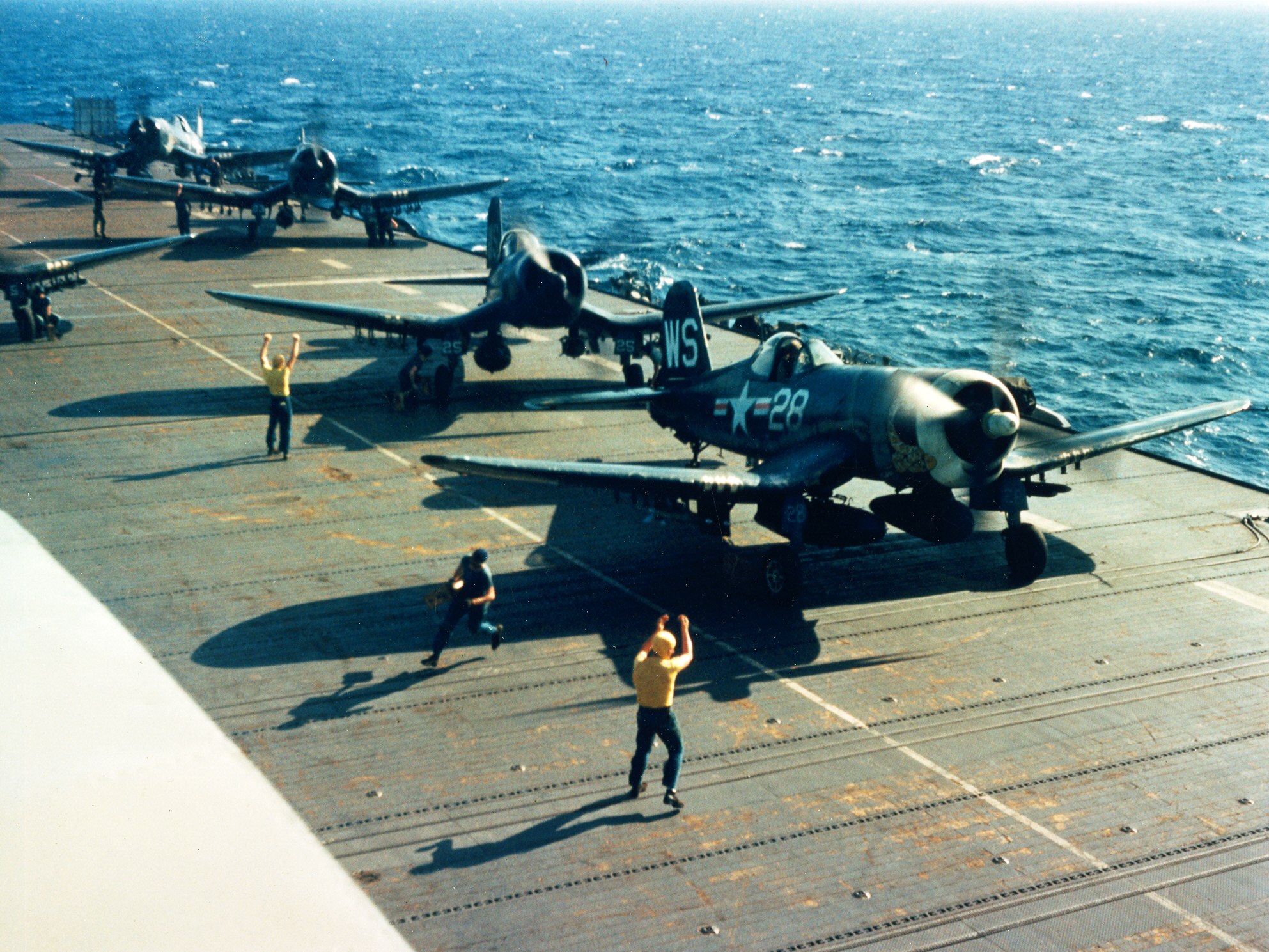 Vought F4U 4 Corsair VMF 323 White WS28 preparing for lunch CVE 118 USS Sicily 1951 01