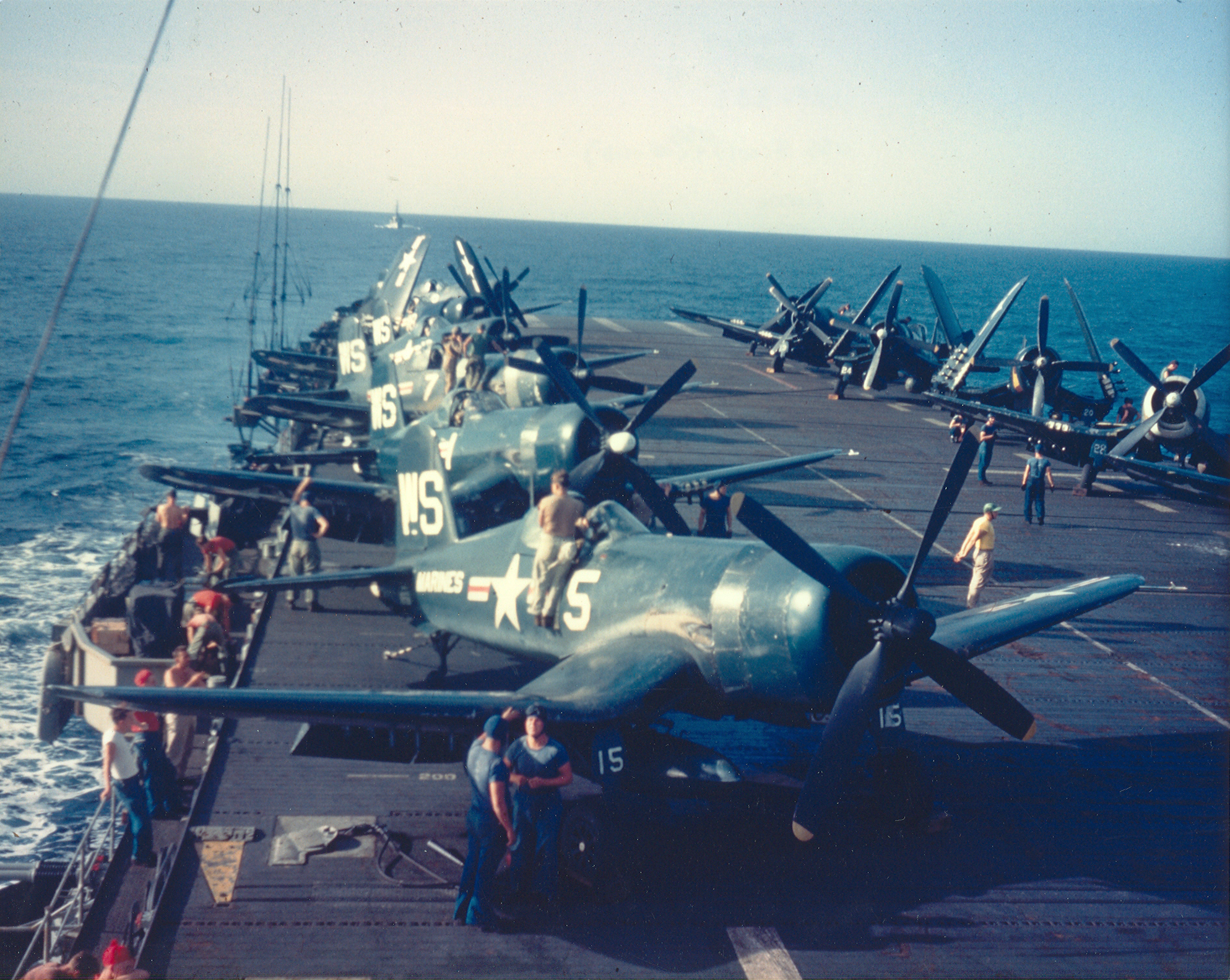 Vought F4U 4 Corsair VMF 323 White WS5 preparing for launch CVE 118 USS Sicily 1951 01