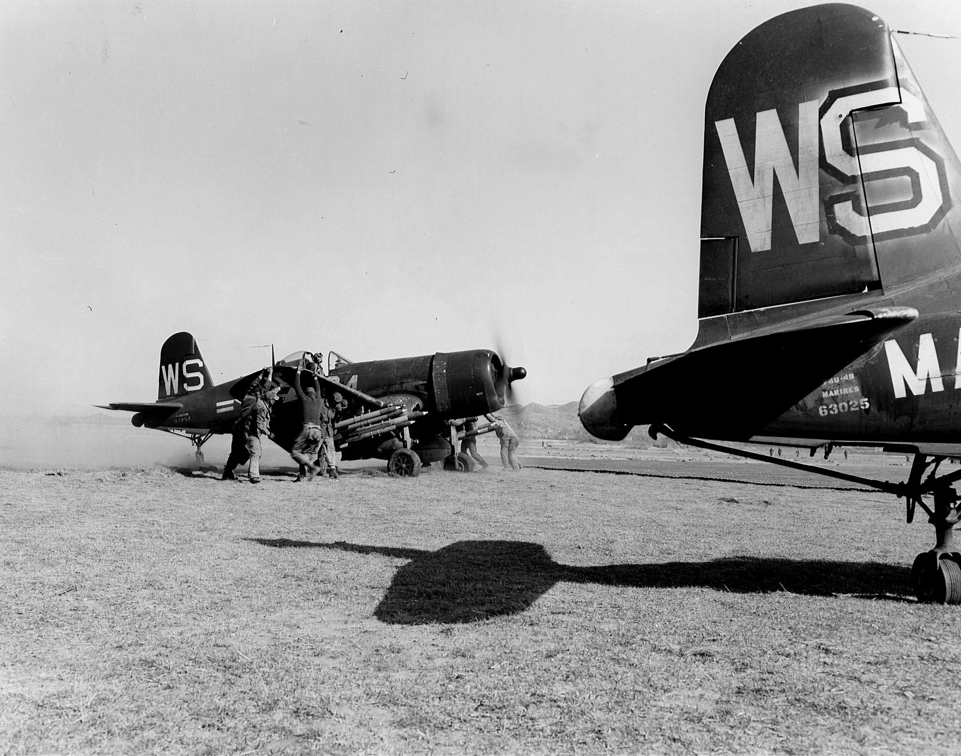 Vought F4U 4B Corsair VMF 323 White WS24 BuNo 97454 bogged at K1 Pusan South Korea 29th Apr 1951 01