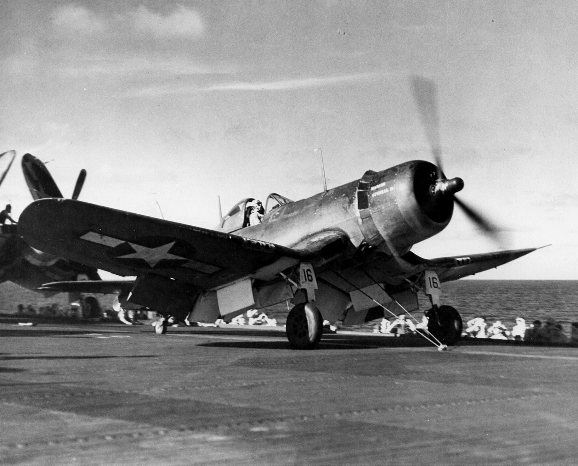 Vought F4U 1A Corsair VMF 422 White 16 prepared for launch CVE 68 Kalinin Bay 01