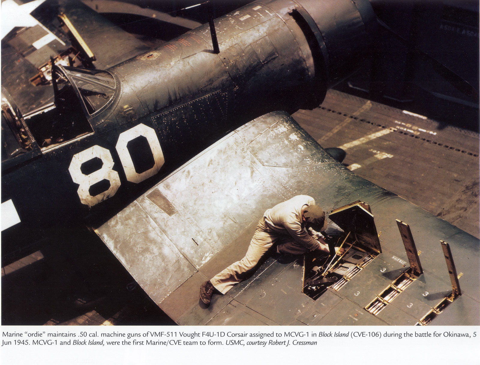 Vought F4U 1D Corsair VMF 511 White 80 being rearmed CVE 106 Block Island Okinawa 1945 02