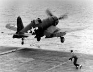 Asisbiz Goodyear FG 1D Corsair VMF 512 Yellow 740 is launched from CVE 83 USS Sargent Bay 2nd Jun 1945 01