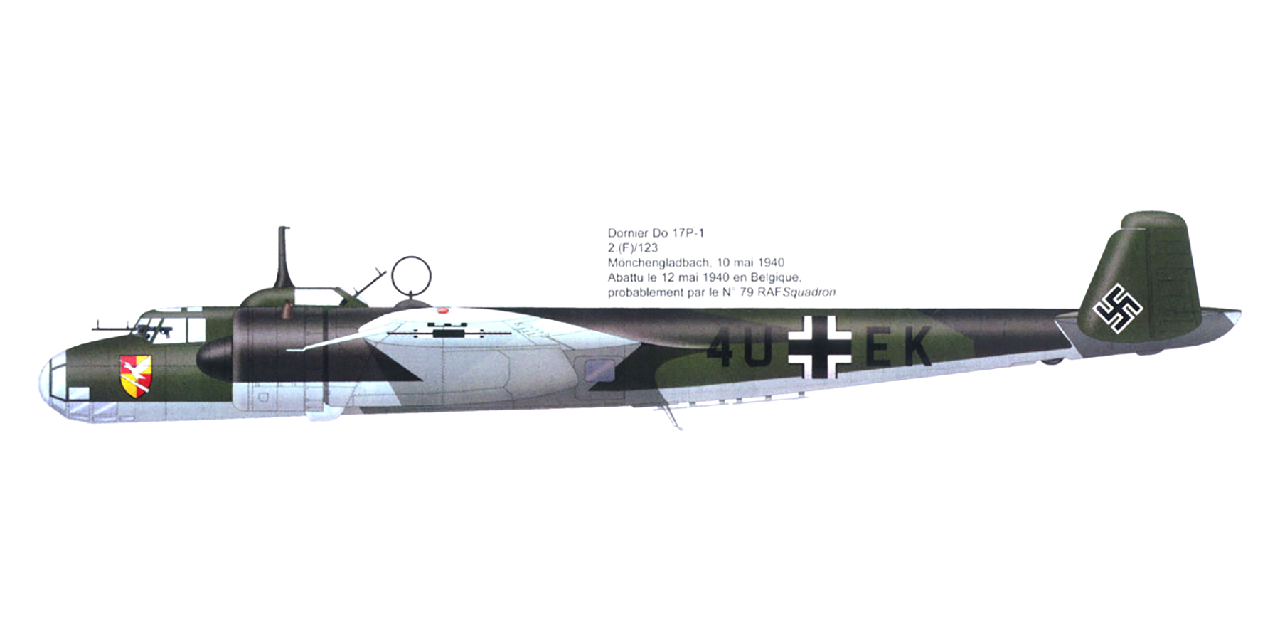 Dornier Do 17P 2.(F)123 4U+EK WNr147 downed by French MS406 crash landed Belgium May 1940 0A