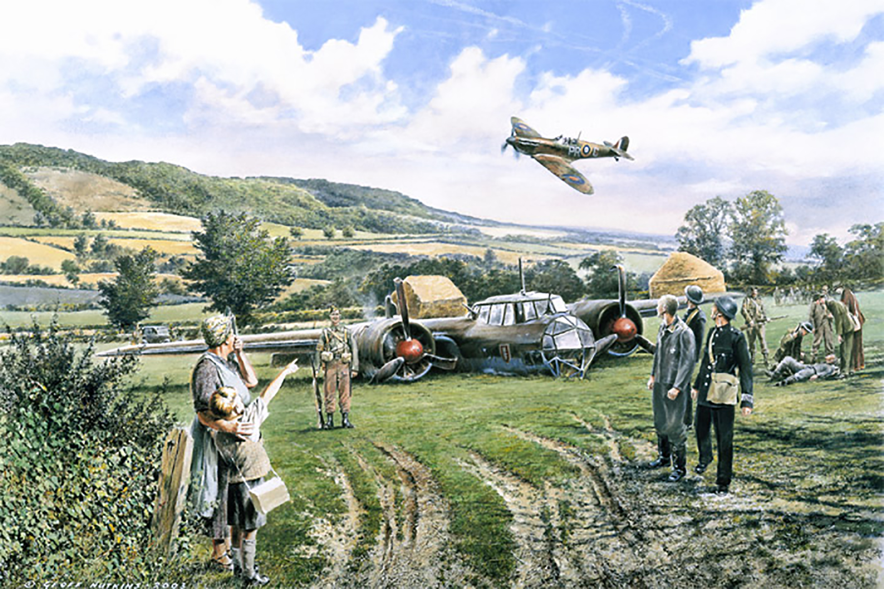 Artwork painting showing the crash site of Do 17Z 8.KG76 F1+FS WNr 2555 15th Sep 1940 01