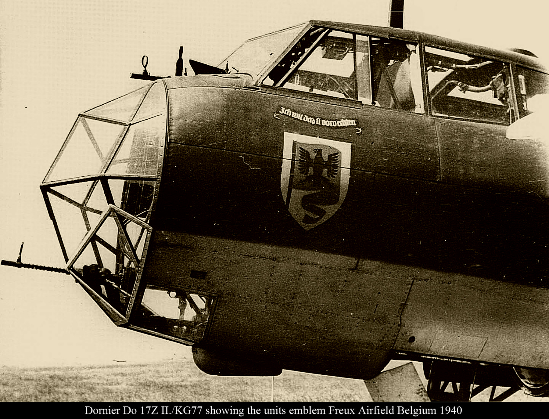 Dornier Do 17Z II.KG77 showing the units emblem Freux Airfield Belgium 1940 01