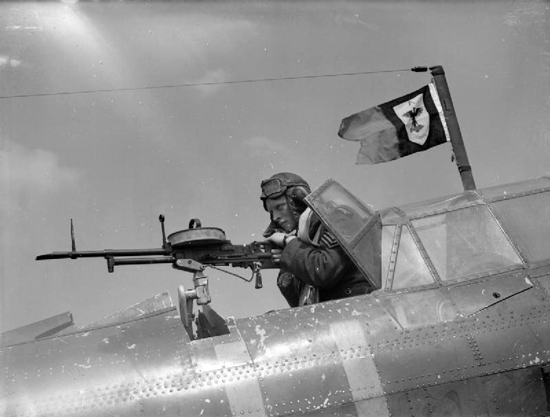 Fairey Battle I RAF air gunner mans his Vickers K gun from the rear cockpit