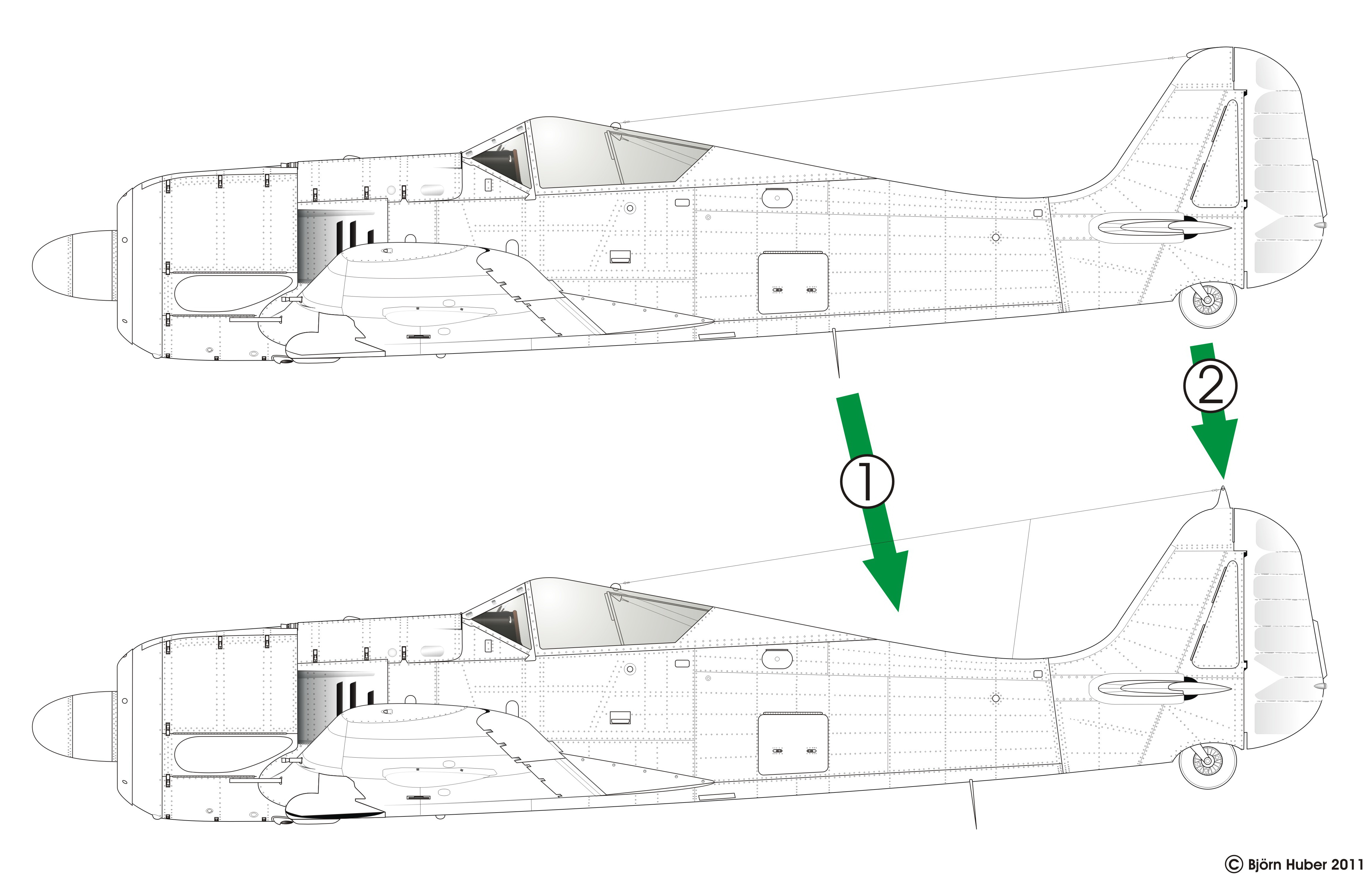 Art technical drawing Focke Wulf Fw 190A2 and A3 to the A4 comparison profile line drawing Wiki 0A