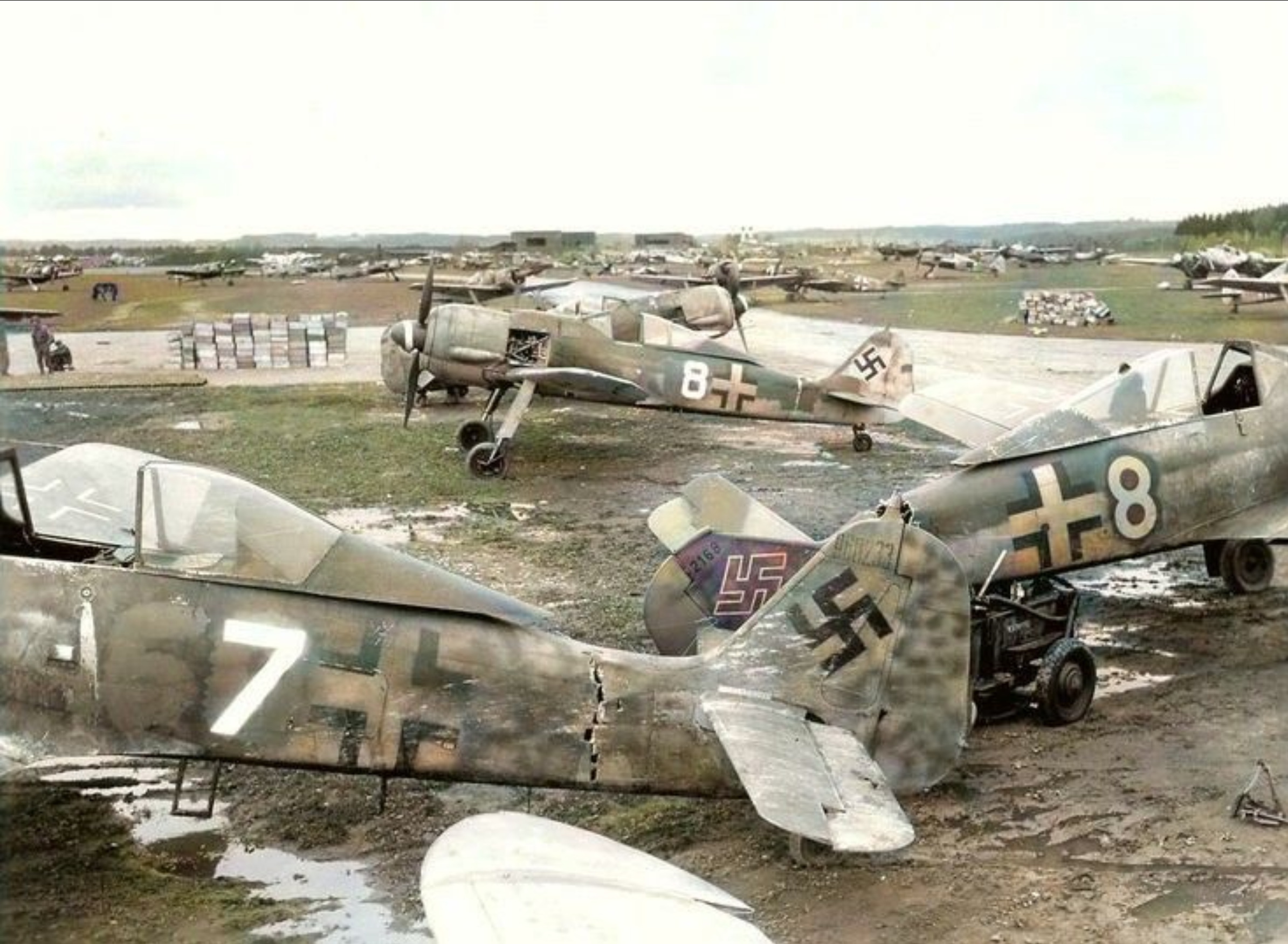 Focke Wulf Fw 190A3 EJG1 White 8 WNr 2168 await scrapping at Bad Aibling Jun 1945 01