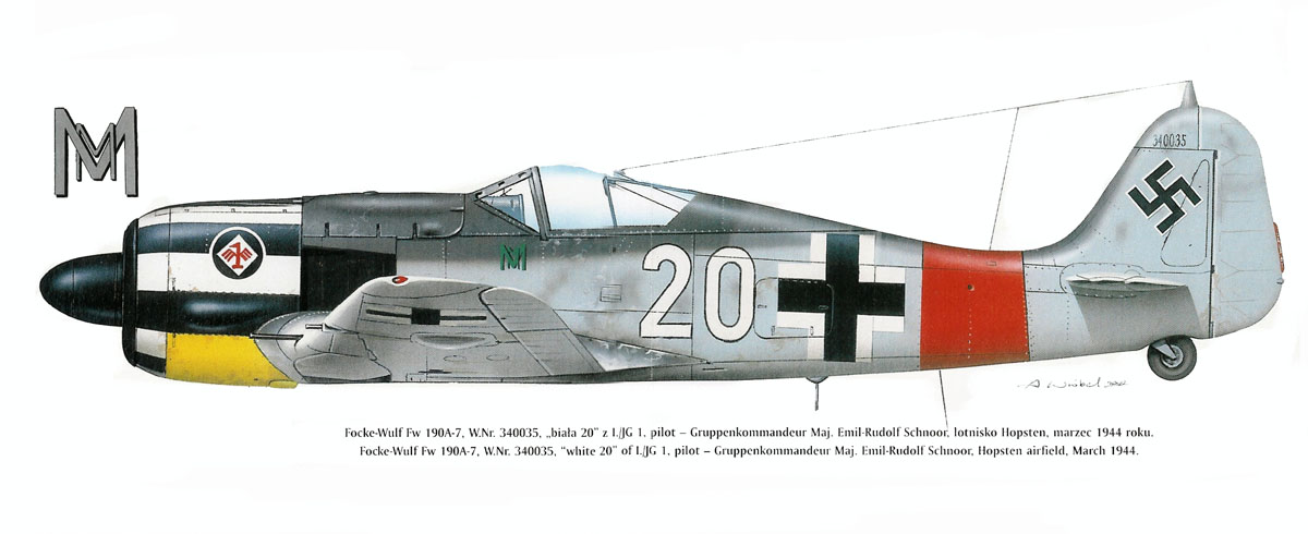 Focke Wulf Fw 190A7 1.JG1 White 20 Emil Rudolf Schnoor WNr 340035 Hopsten Mar 1944 0A