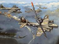 Asisbiz Focke Wulf Fw 190A9 I.JG1 dualing with USAAF 8AF B 17Gs over Germany artwork 0A