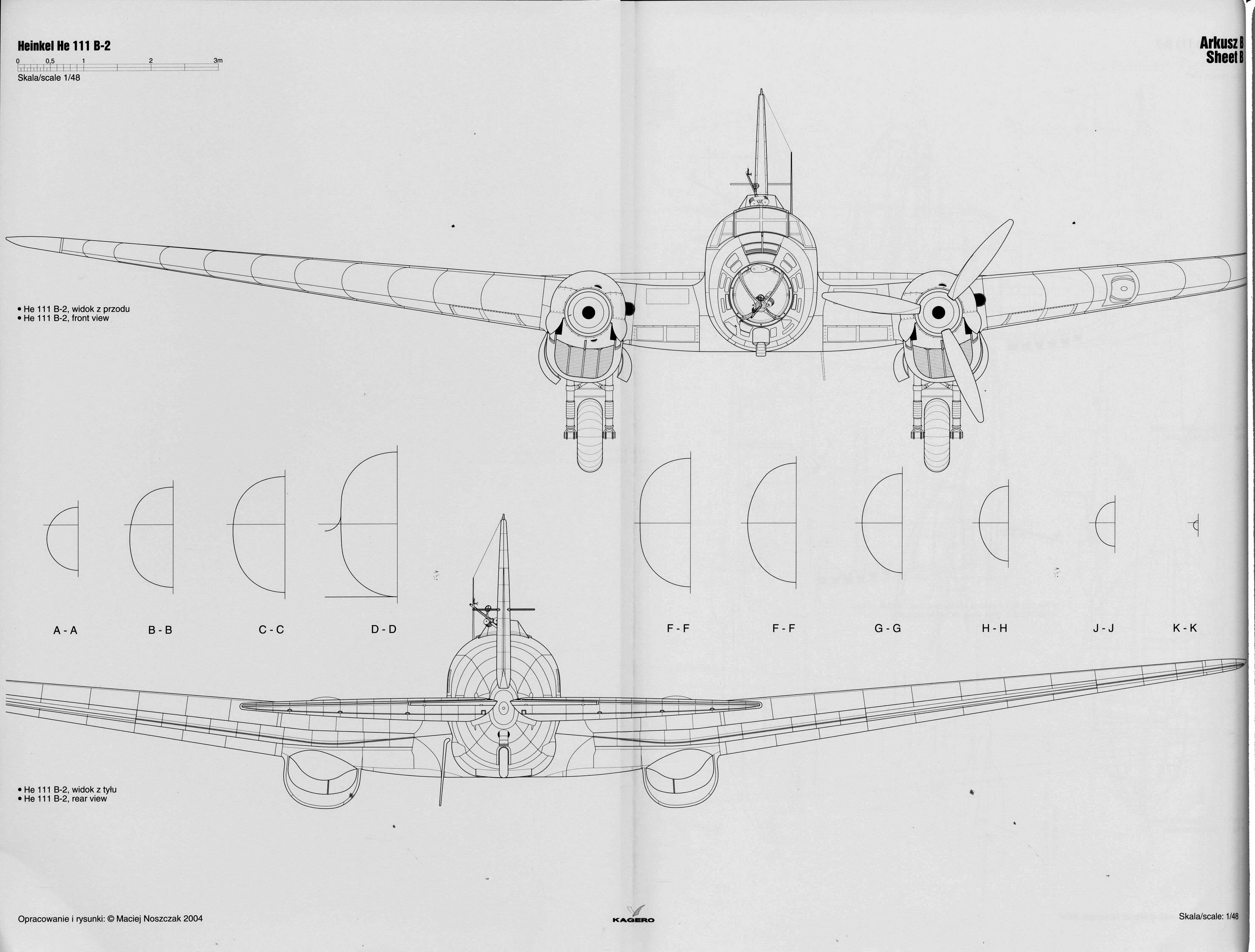 Artwork line drawing or blue print of a Heinkel He 111B2 scale 1 72 Arkusz 02