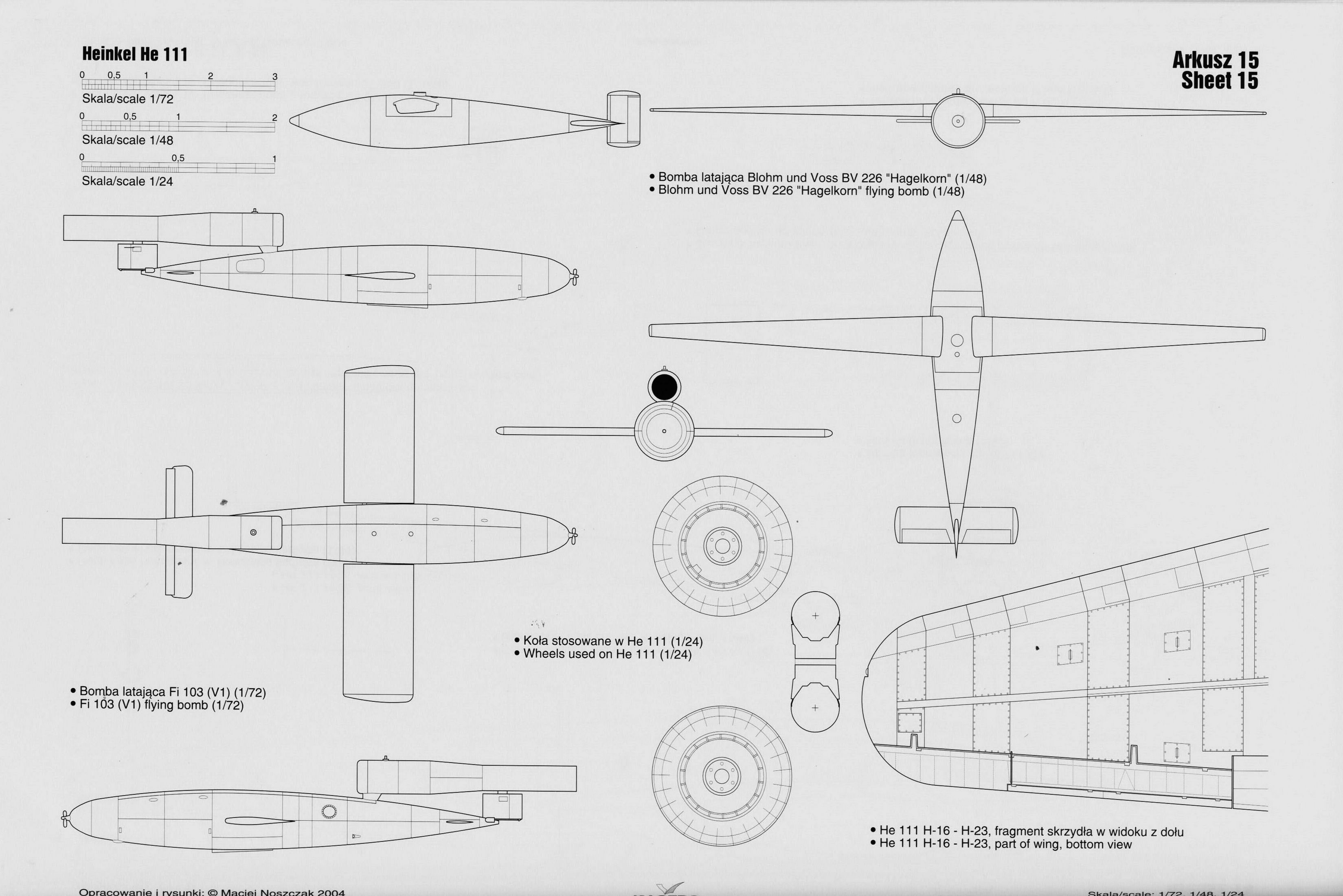 Artwork line drawing or blue print of a Heinkel He 111H BV 226 flying bomb scale 1 72 Arkusz 01