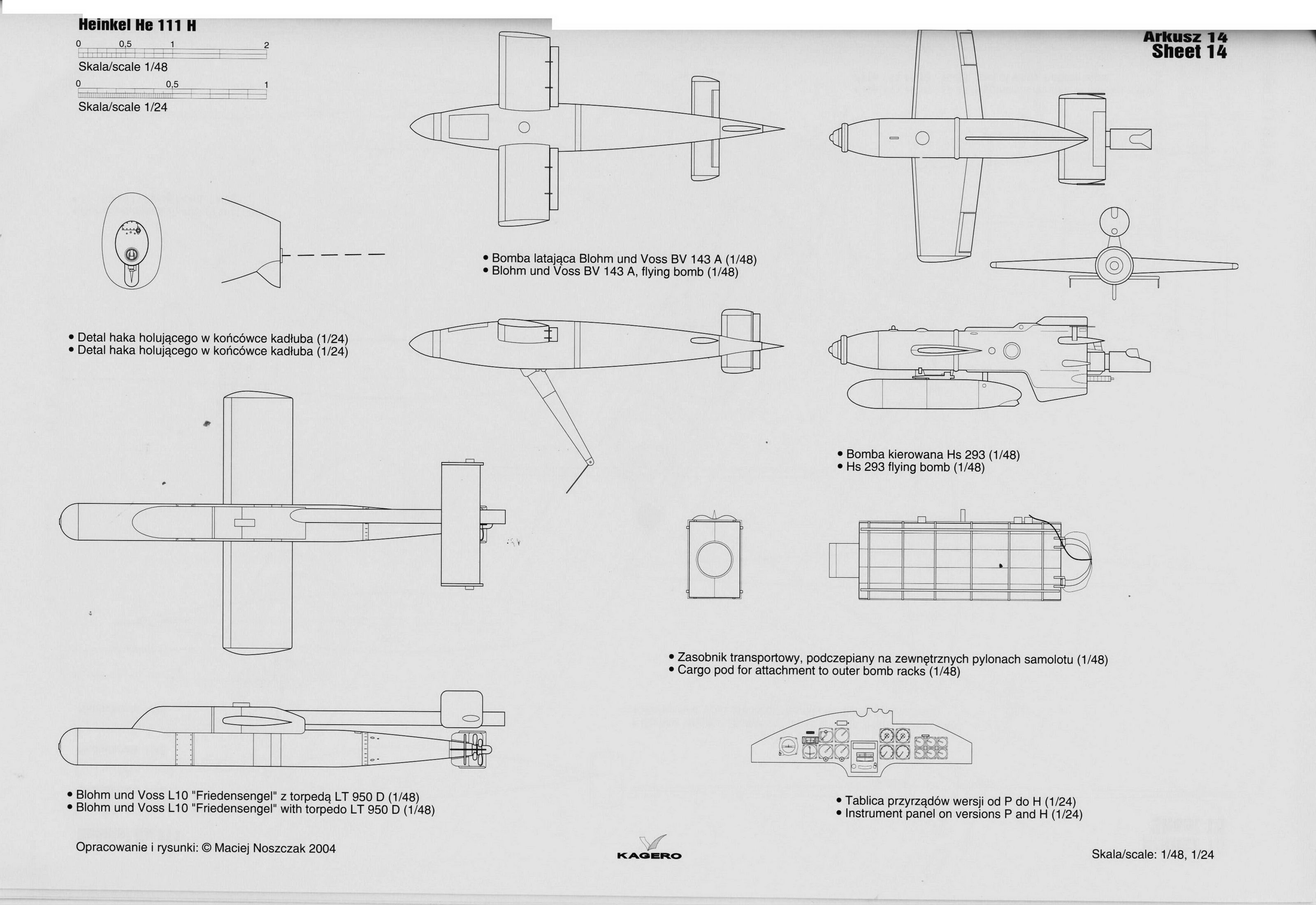 Artwork line drawing or blue print of a Heinkel He 111H HS 293 flying bomb scale 1 72 Arkusz 01