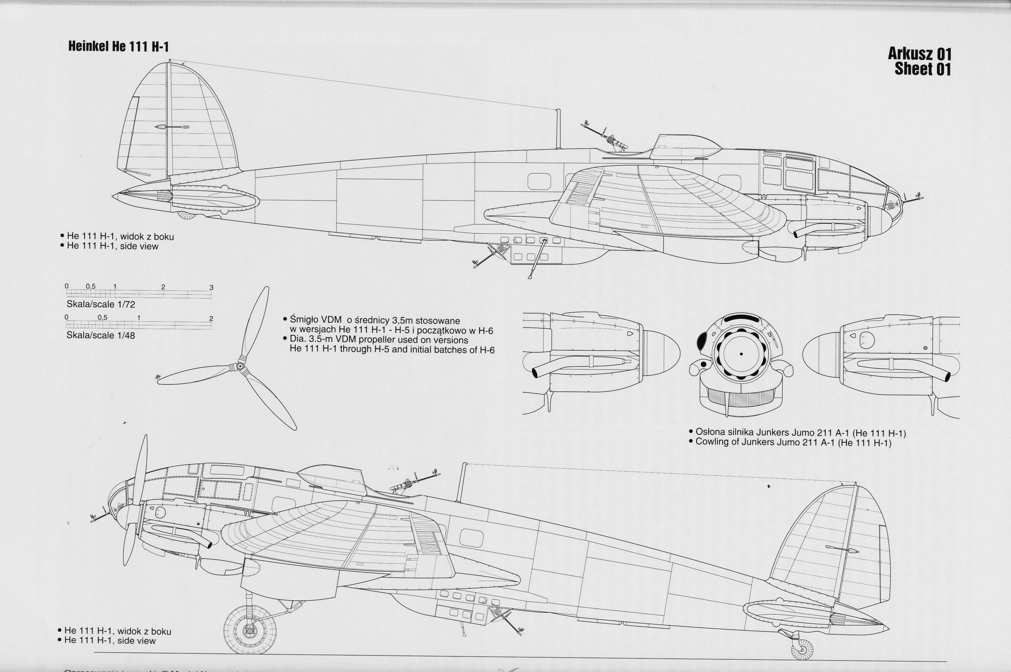 Artwork line drawing or blue print of a Heinkel He 111H1 scale 1 72 Arkusz 01