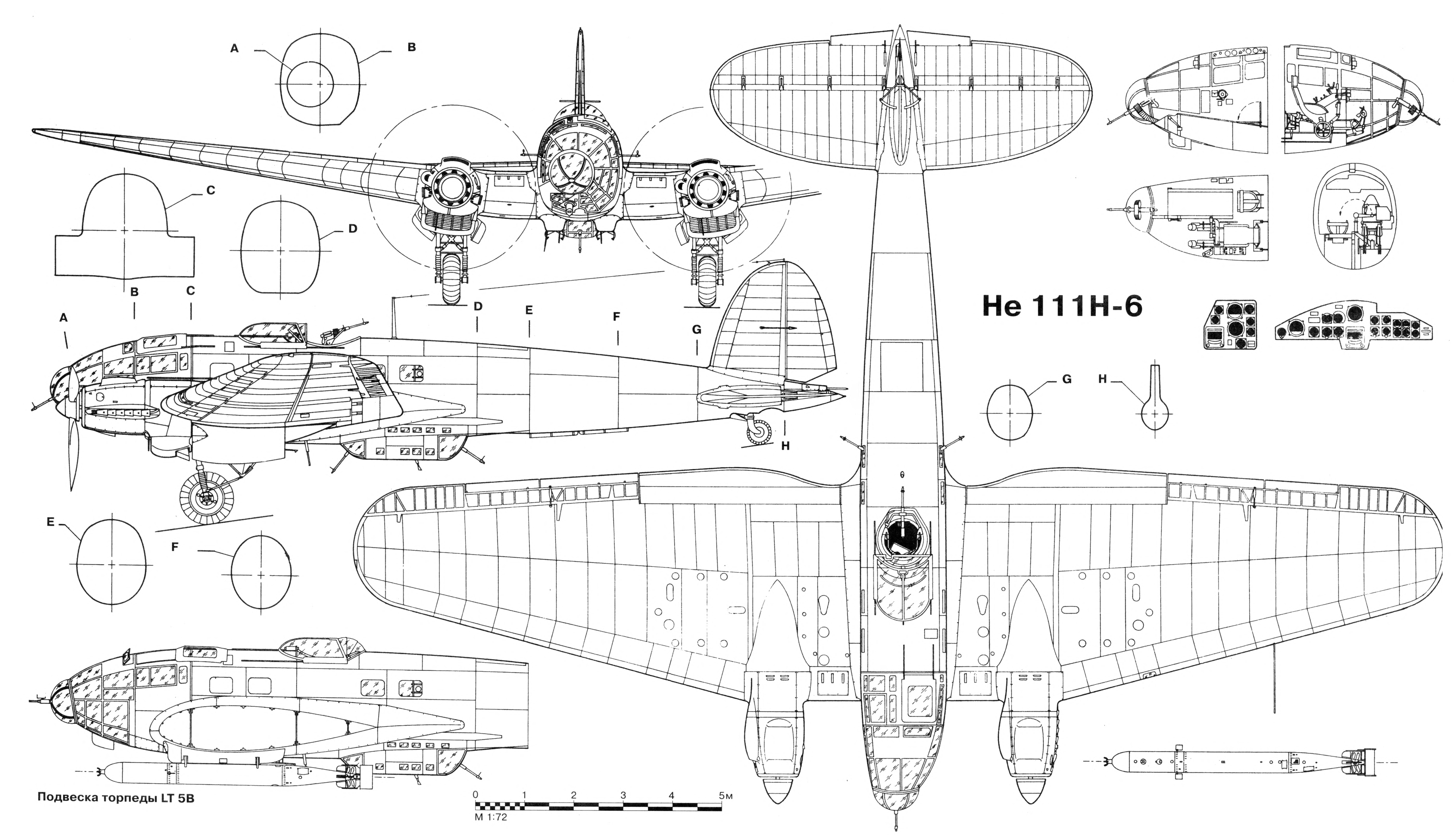 Artwork line drawing or blue print of a Heinkel He 111H6 scale 1 72 01
