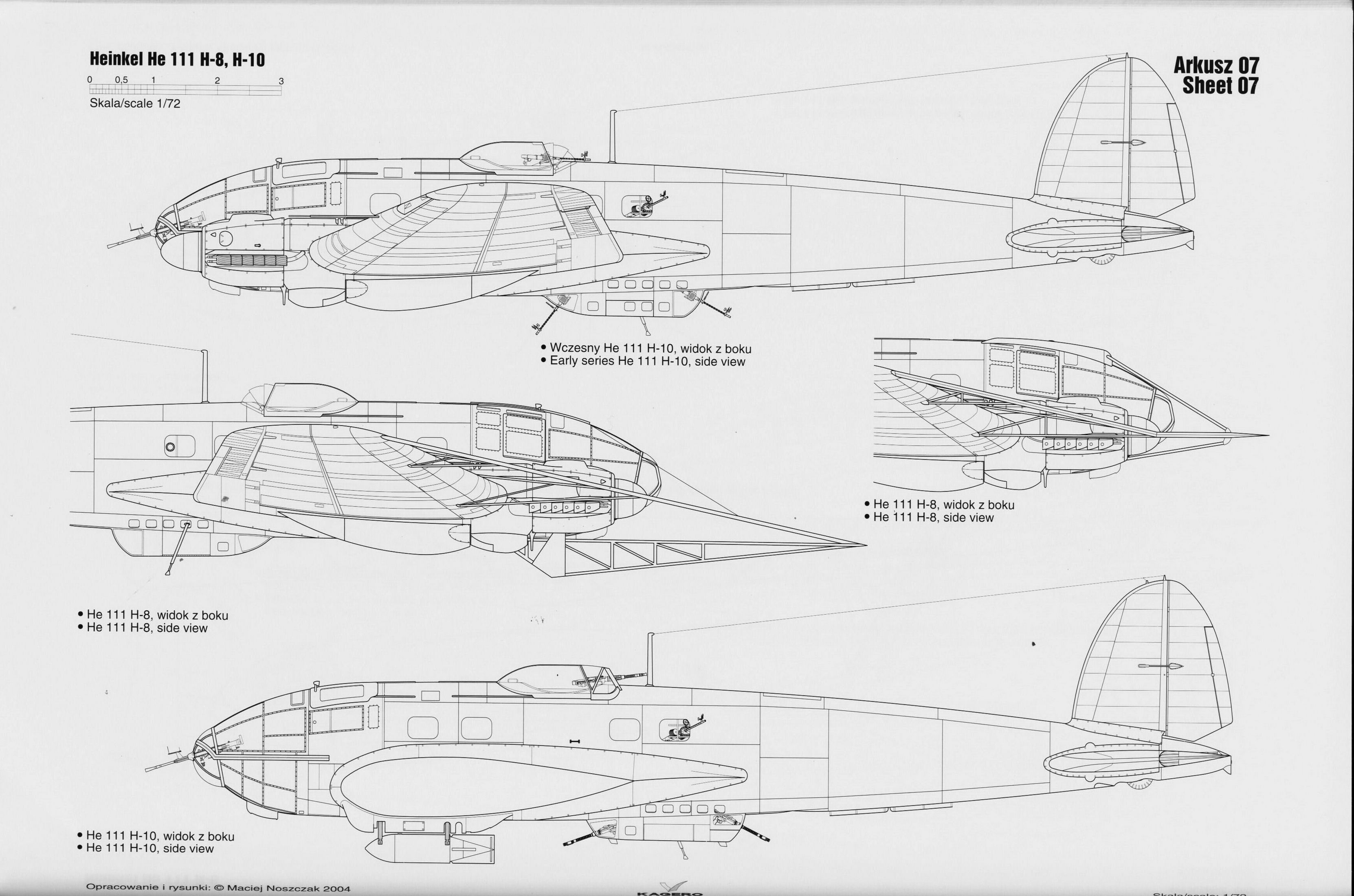 Artwork line drawing or blue print of a Heinkel He 111H8 scale 1 72 Arkusz 01