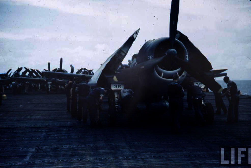 Grumman F6F 3 Hellcat Time Life color photo showing White 36 on a typical crowded flight deck 02