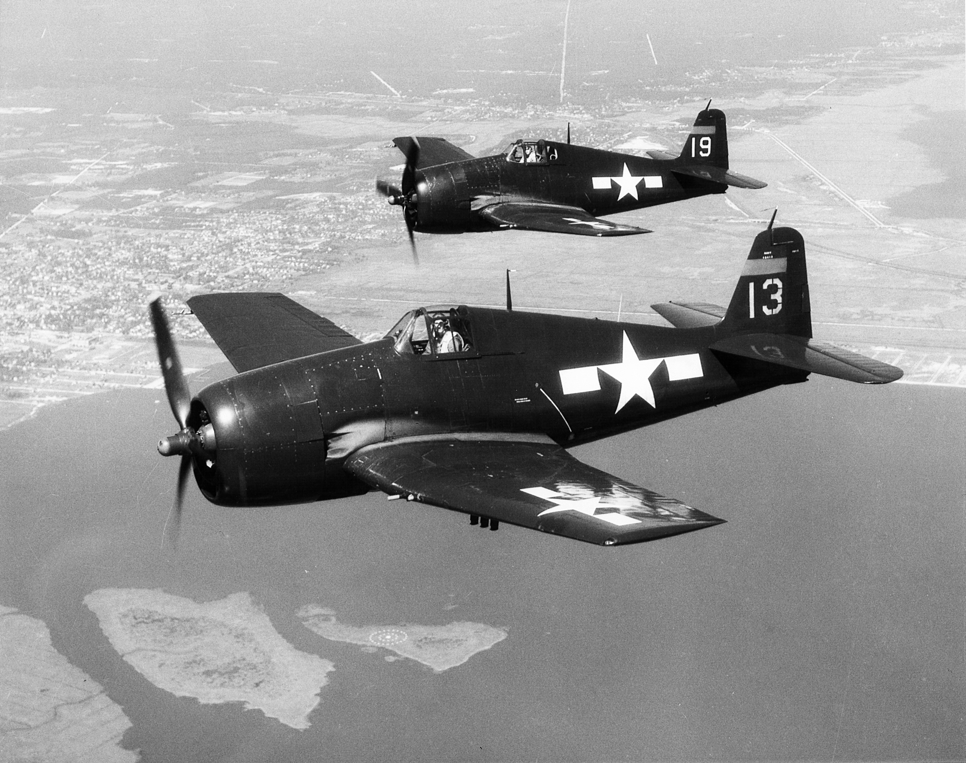 Grumman F6F 5 Hellcat VF 75 White 13 and 19 flying near Atlantic City NJ 01