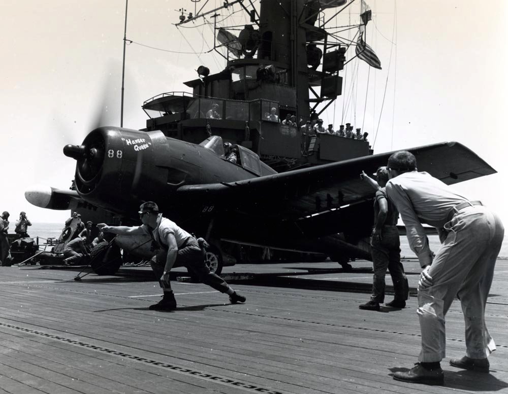 Grumman F6F 5N Hellcat Nightfighter White 88 Hanger Queen being launched CVE 106 USS Block Island May 1945 01