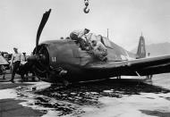 Asisbiz Grumman F6F 5 Hellcat VF 18 White 11 landing mishap due to landing gear malfunction 1944 01