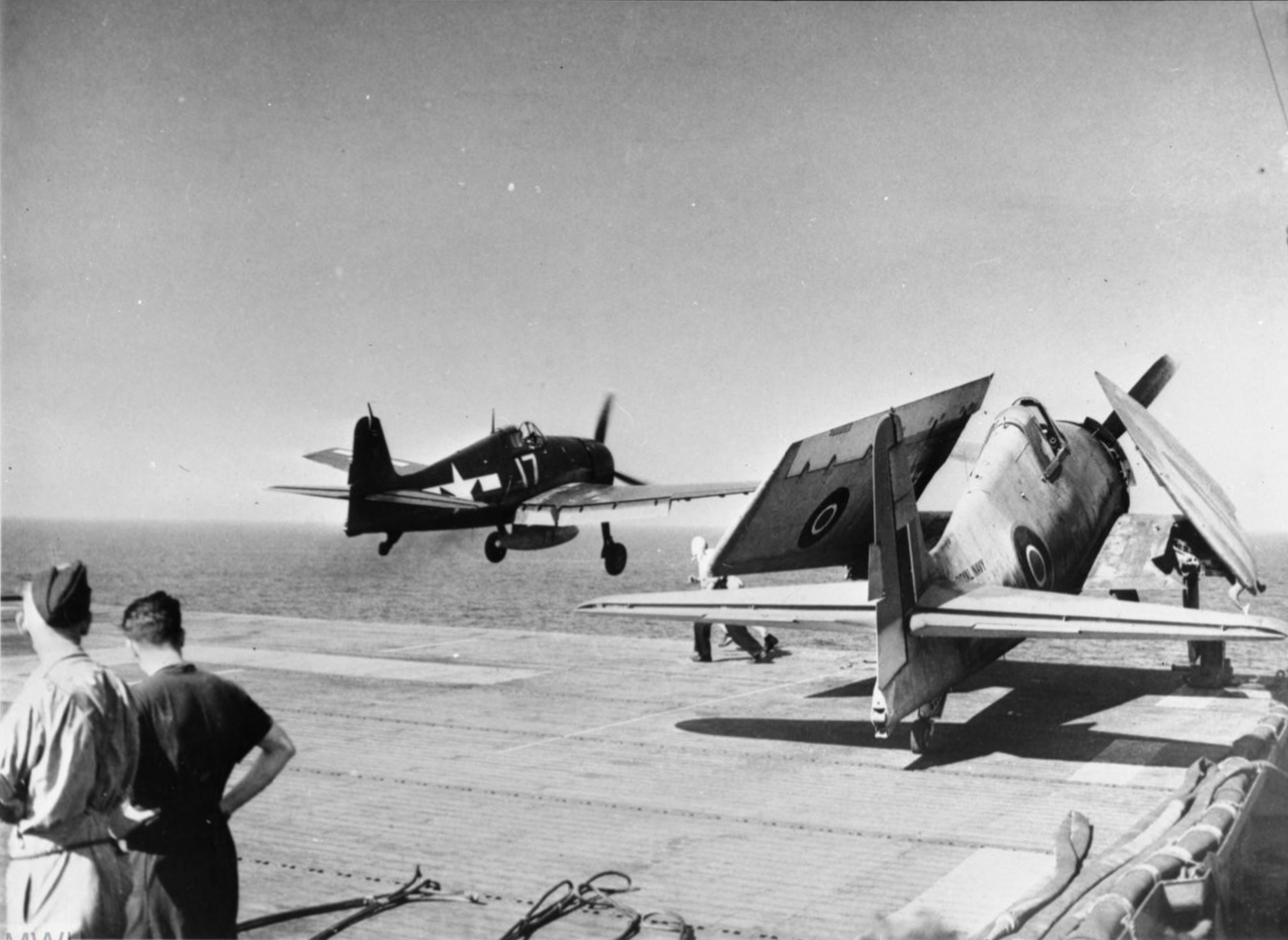 Grumman Hellcat I RN FAA 800NAS taking off from HMS Emperor off southern France Aug 1944 IWM A25503