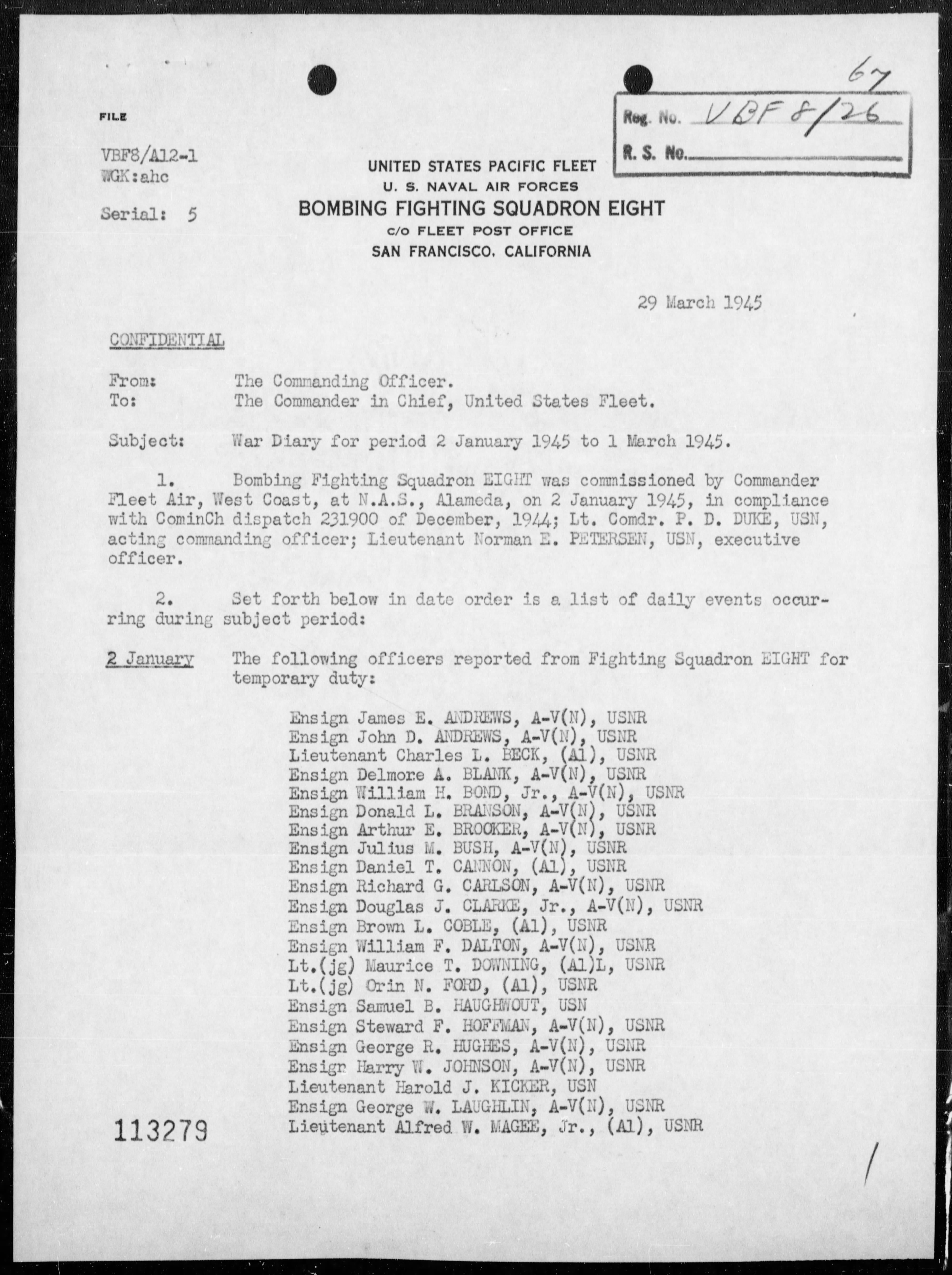 Confidential document USN VBF 8 war diary 1945 0A