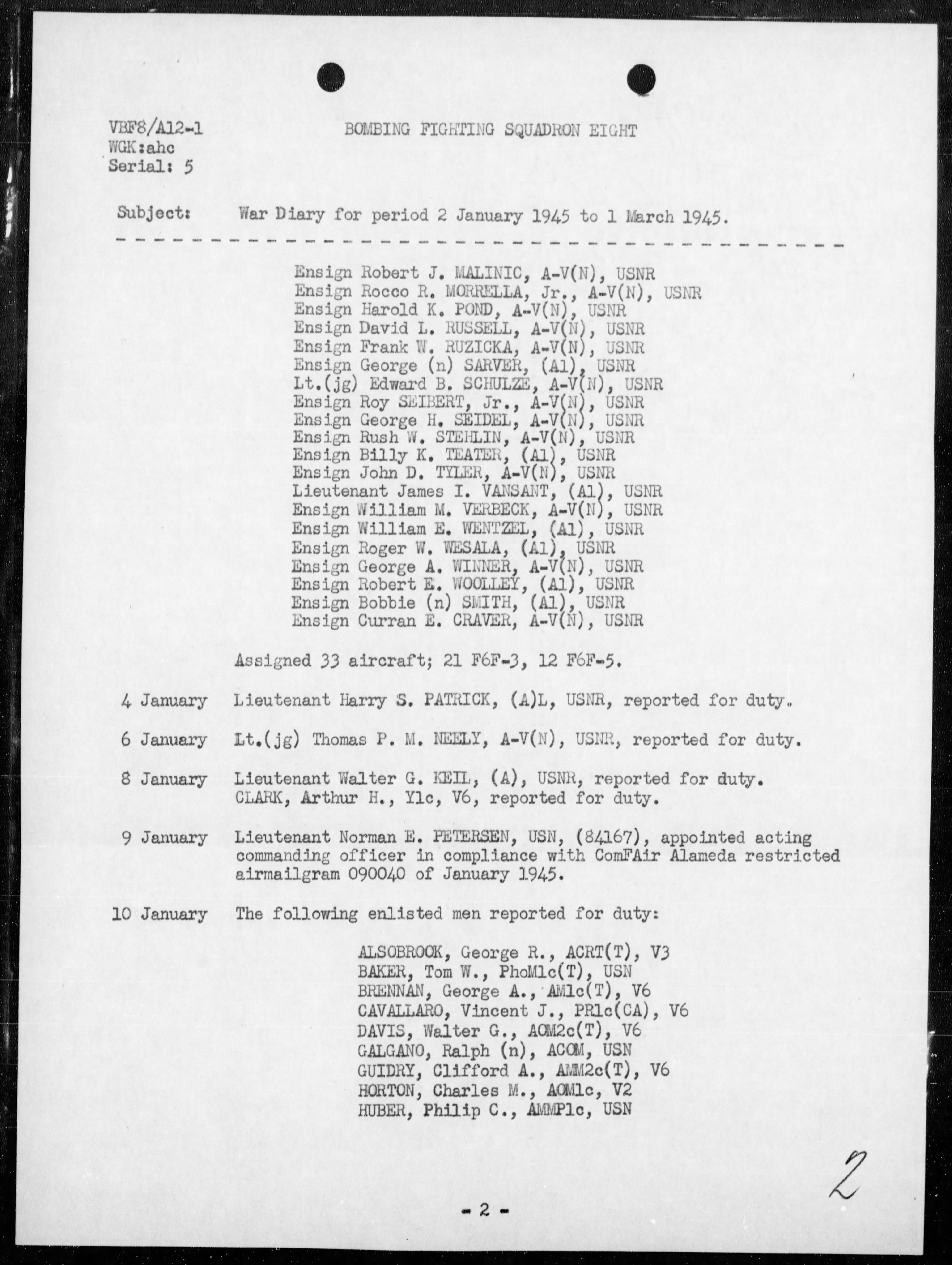 Confidential document USN VBF 8 war diary 1945 0B