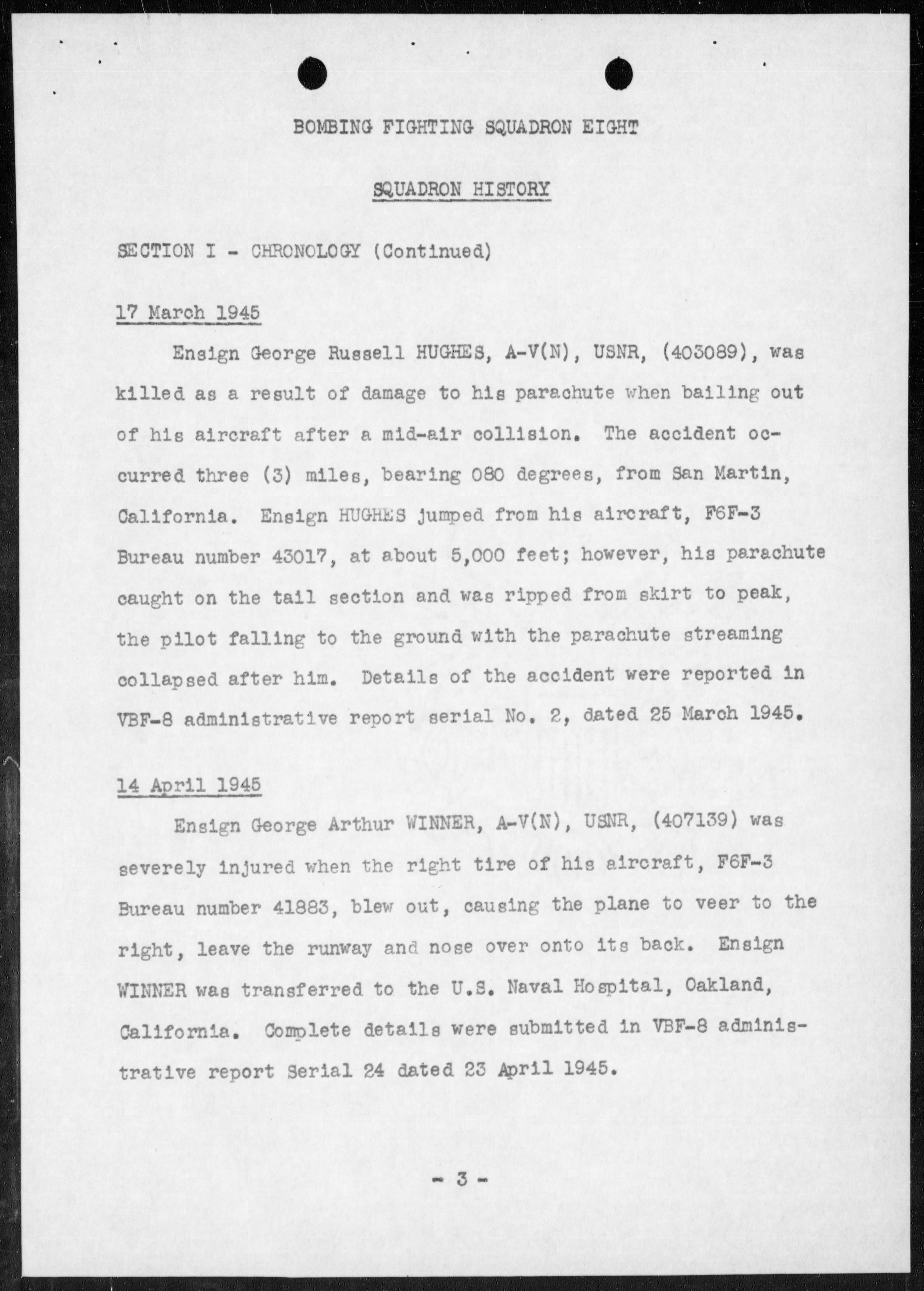 Document USN VBF 8 war diary 1945 0E