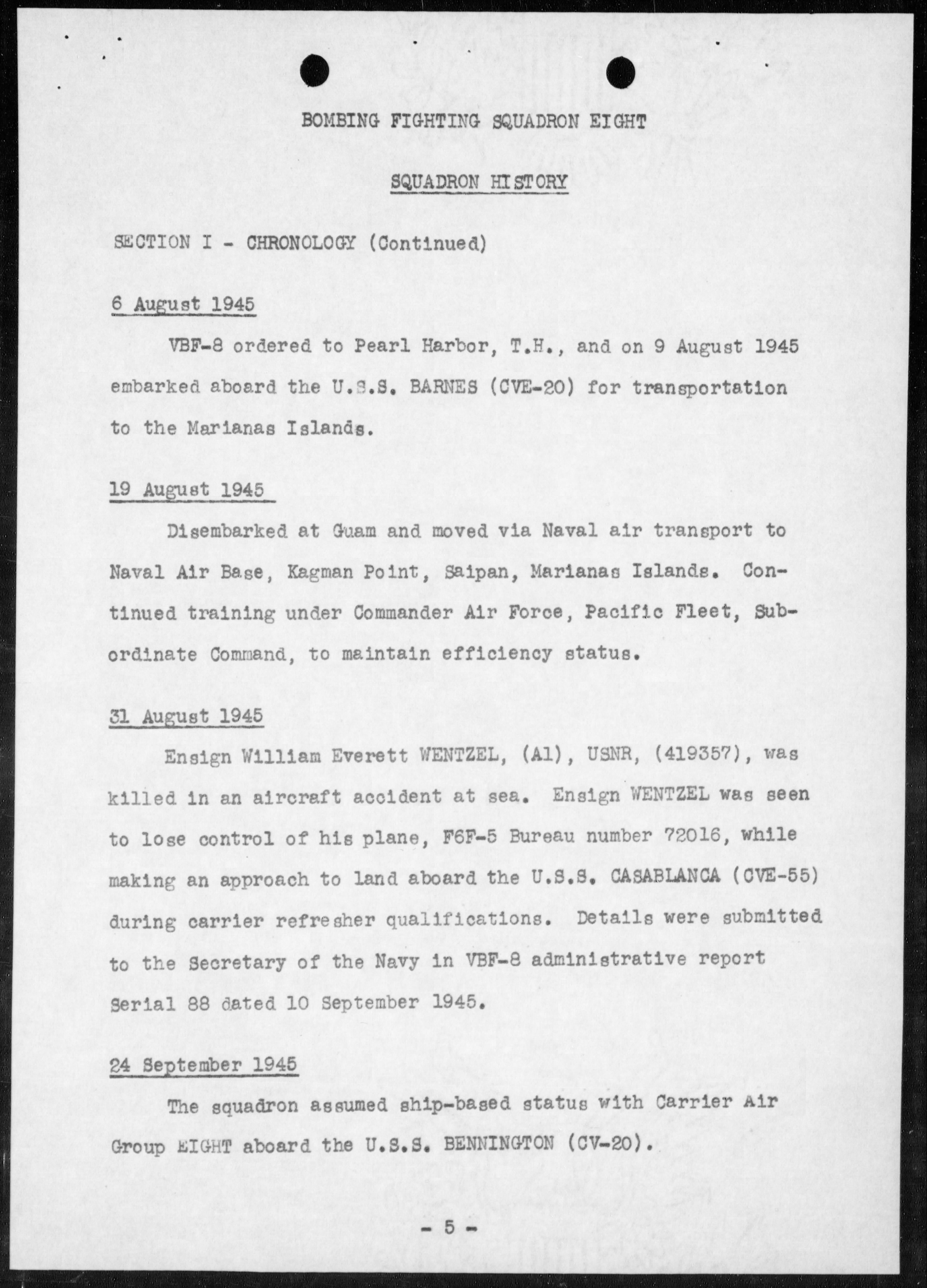 Document USN VBF 8 war diary 1945 0I