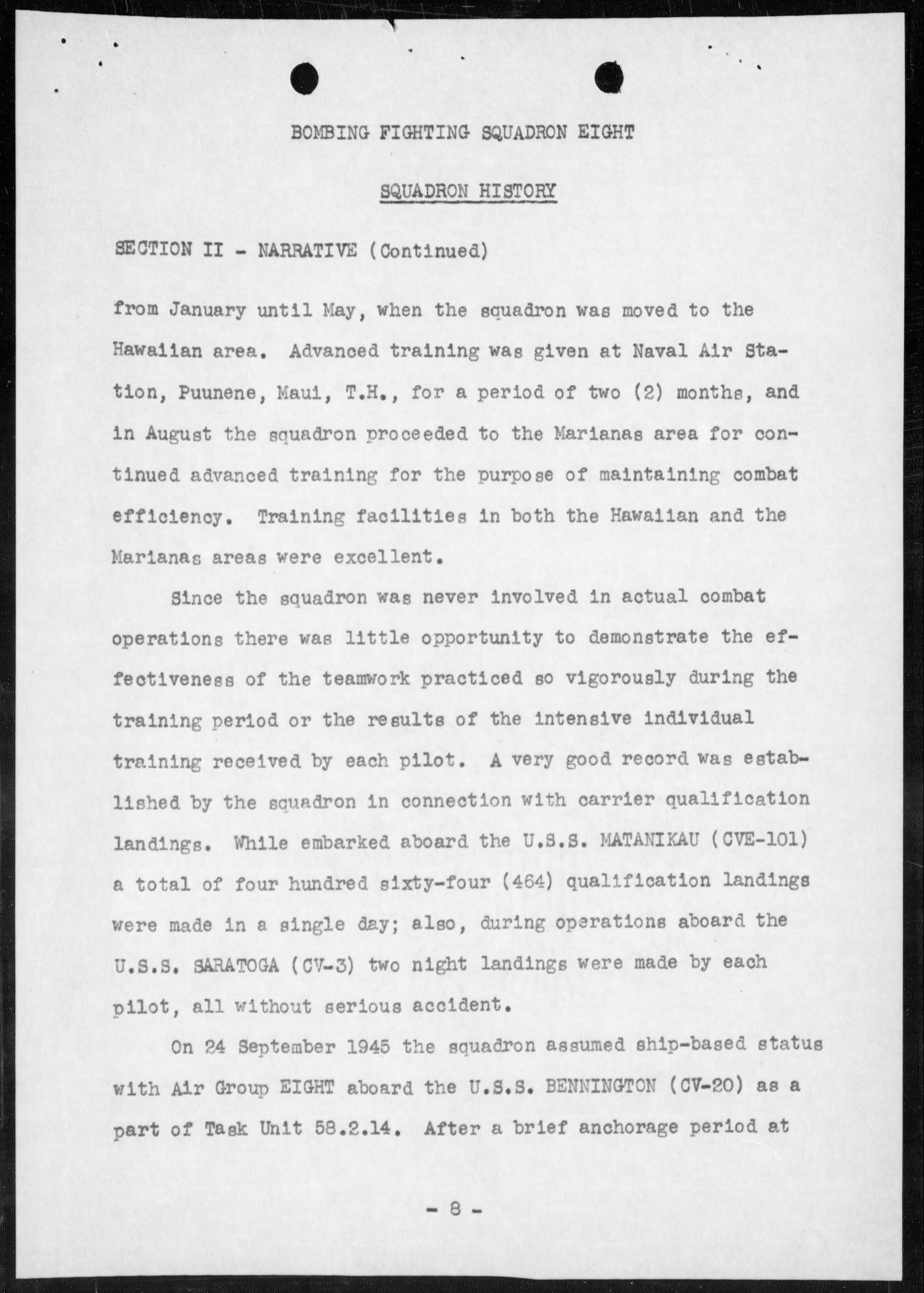 Document USN VBF 8 war diary 1945 0J