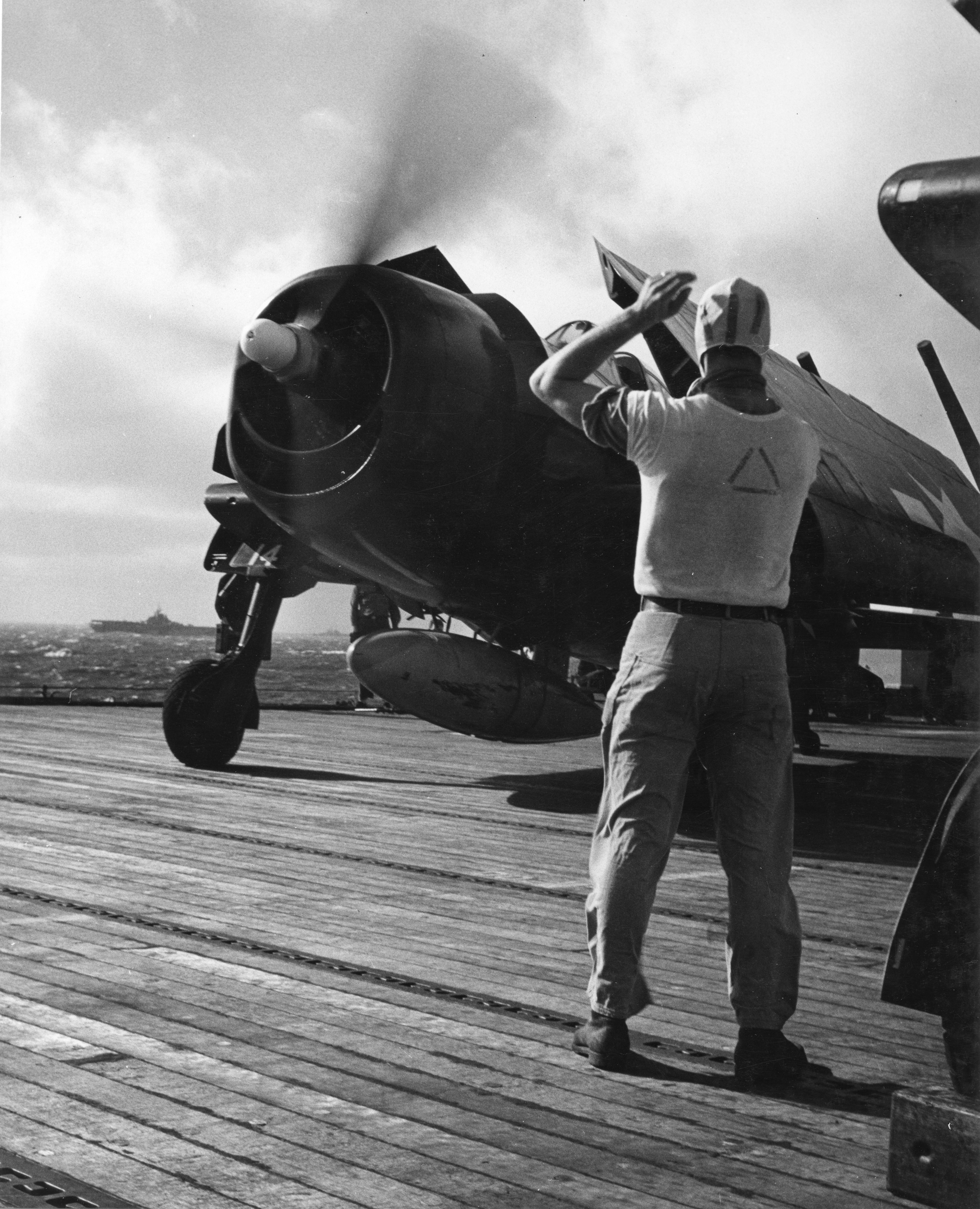 Grumman F6F 5 Hellcat VF 11 Sundowners White 14 preparing for launch CV 12 USS Hornet 1944 01