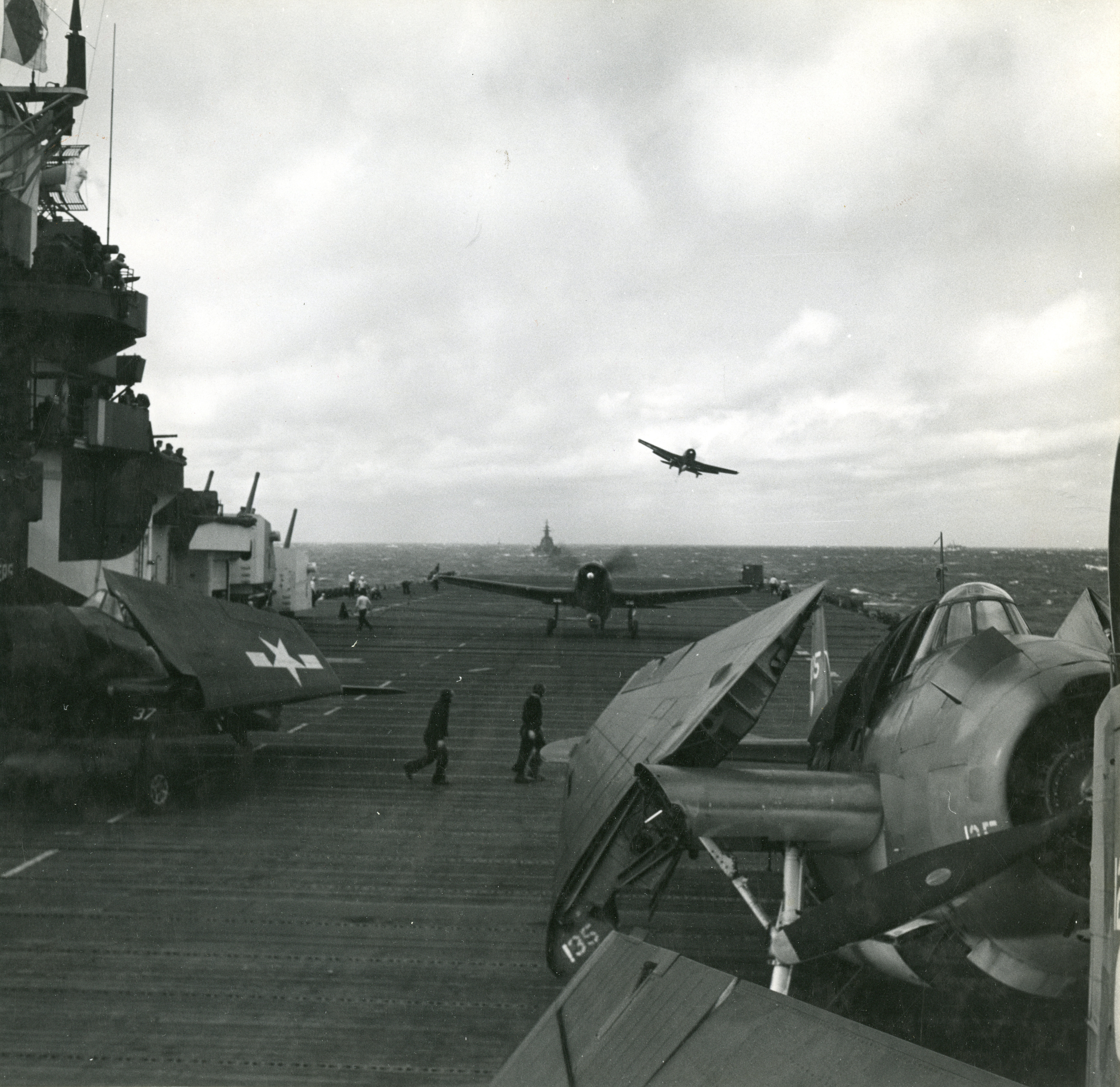 Grumman F6F 5 Hellcat VF 11 Sundowners being waved off CV 12 USS Hornet 1945 02
