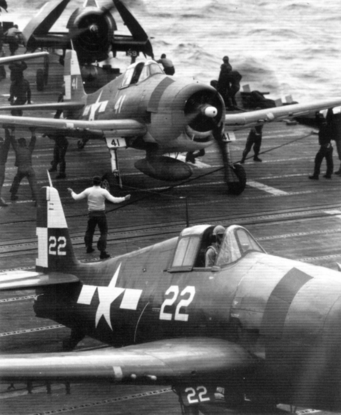Grumman F6F 5 Hellcat VF 17 White 22 and 41 preparing for luanch USS Hornet 1945 01