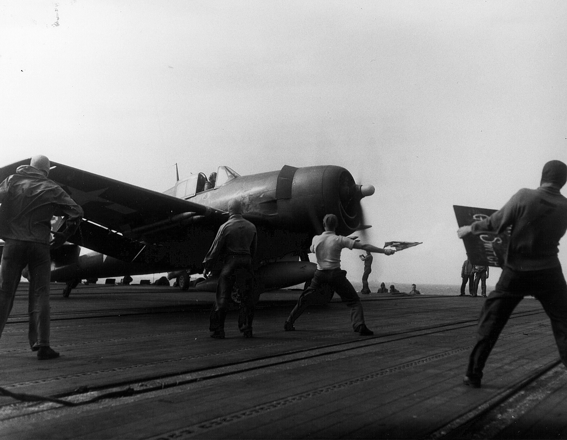 Grumman F6F 3 Hellcat VF 6 being launched to strike French Indochina CV 19 USS Hancock 1944 01