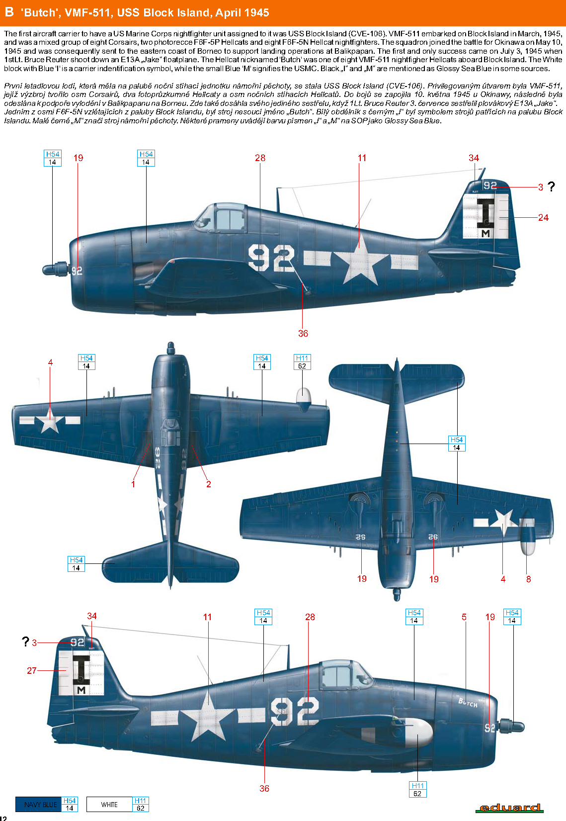 Grumman F6F 5N Hellcat VMFN 511 IM White 92 CVE 106 USS Block Island April 1945 0D