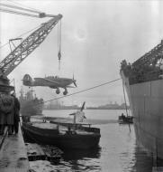 Asisbiz MSFU Sea Hurricane I Merchant Ship Fighting Unit is craned aboard a Catapult Armed Merchant Gibraltar IWM CH6915