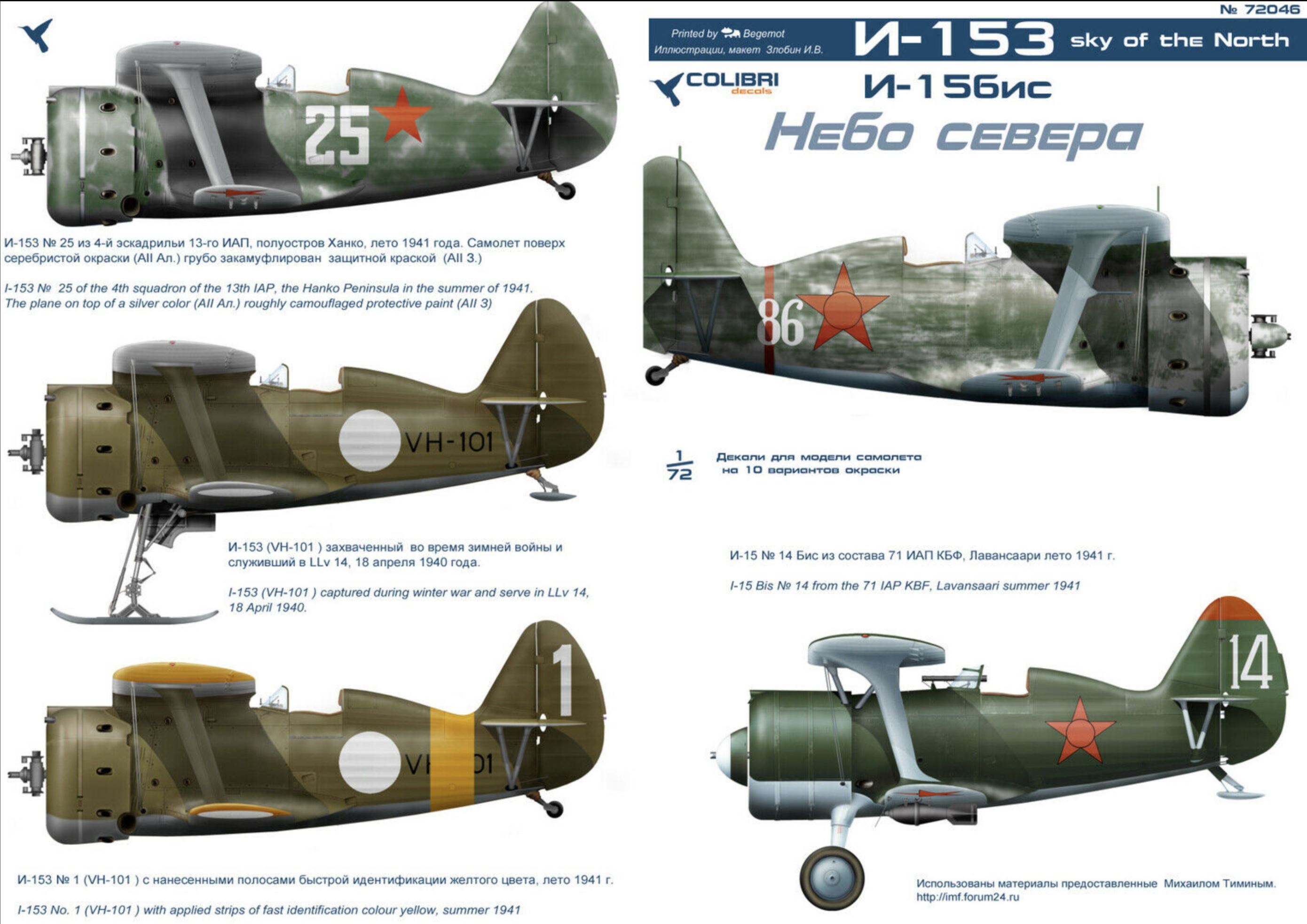 Profiles of various Polikarpov I 153 aircraft by Colibri decals no 72046 0A