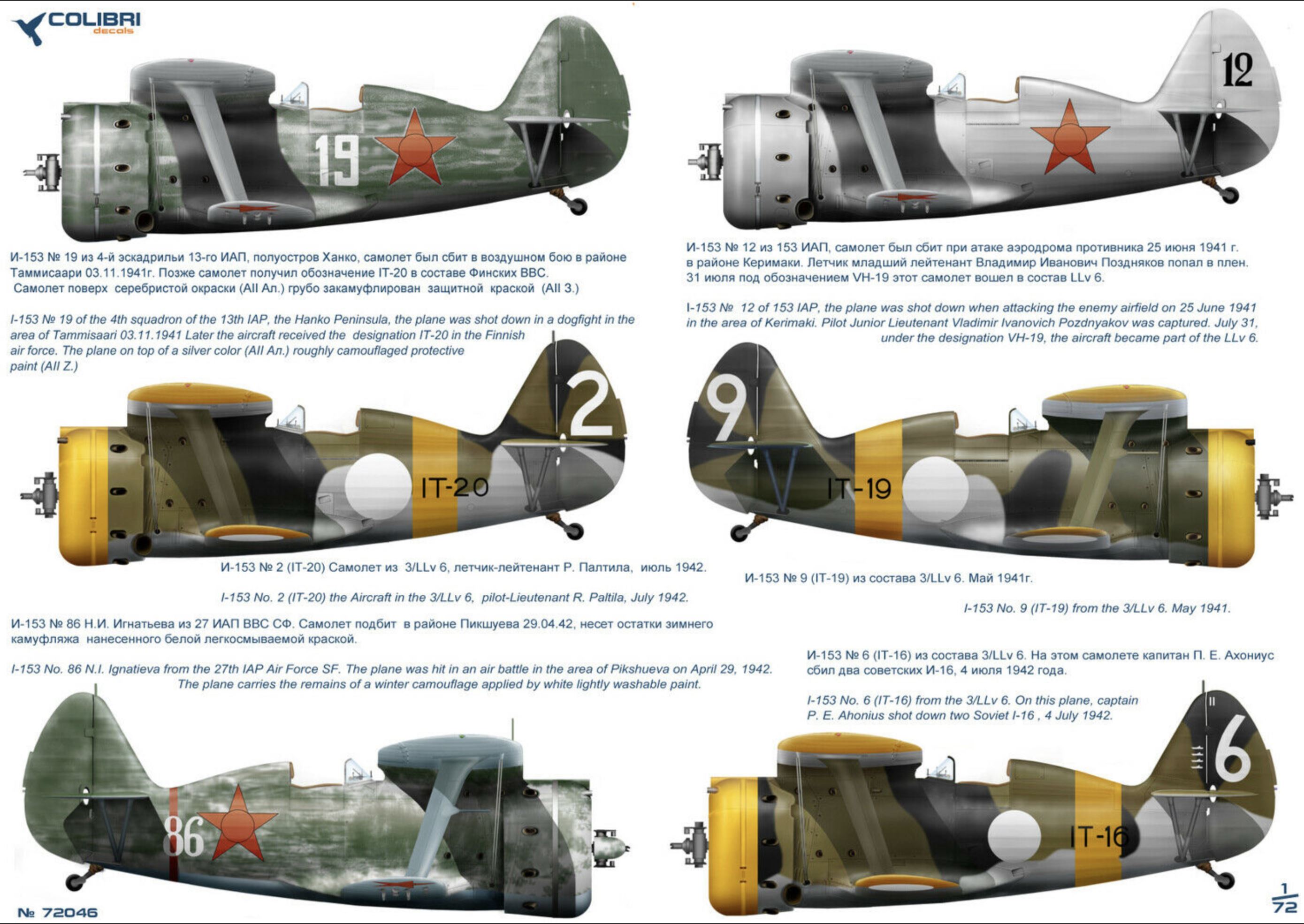 Profiles of various Polikarpov I 153 aircraft by Colibri decals no 72046 0B