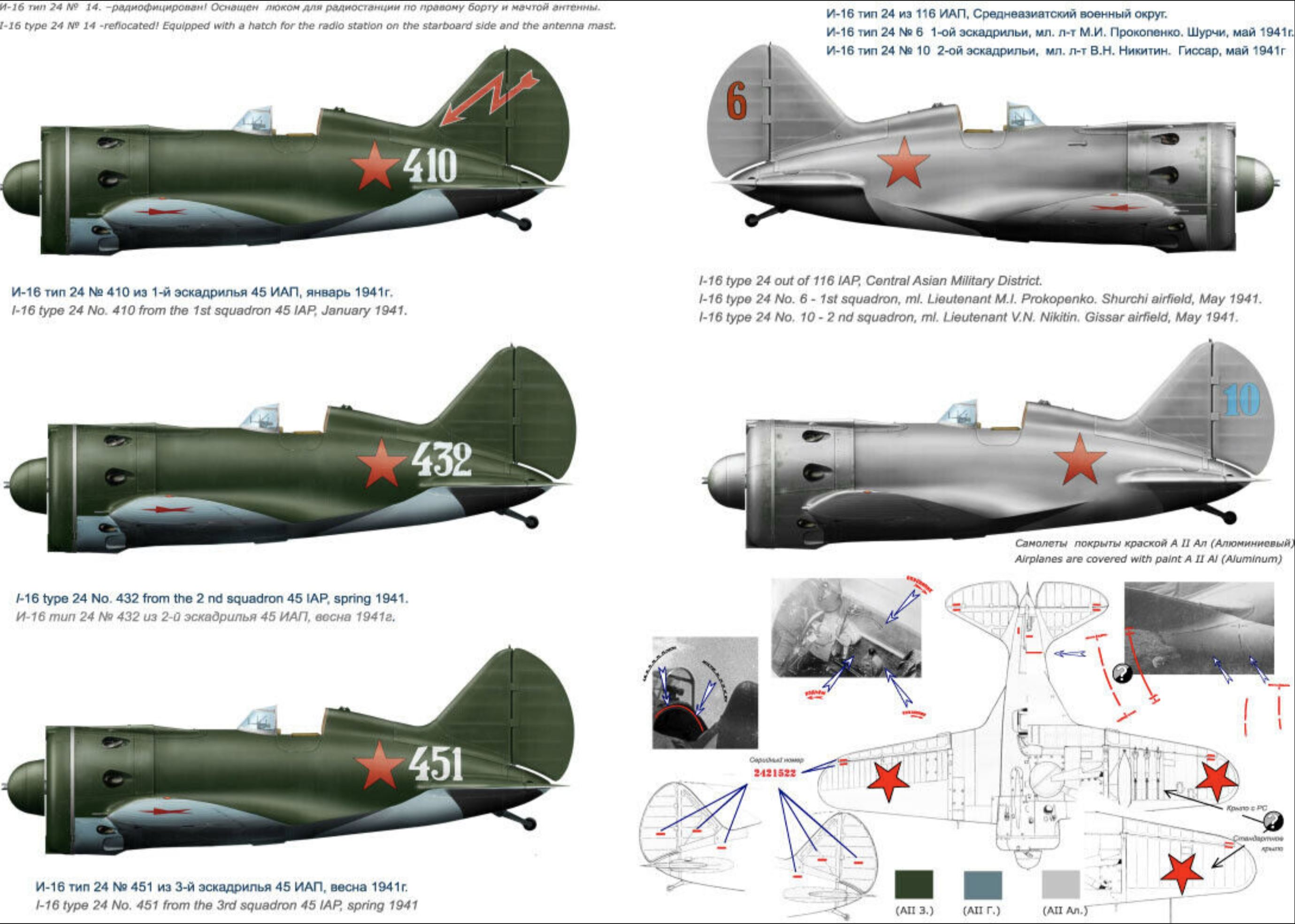 Profiles of various Polikarpov I 16 Rata aircraft by Colibri decals no 72069 0B