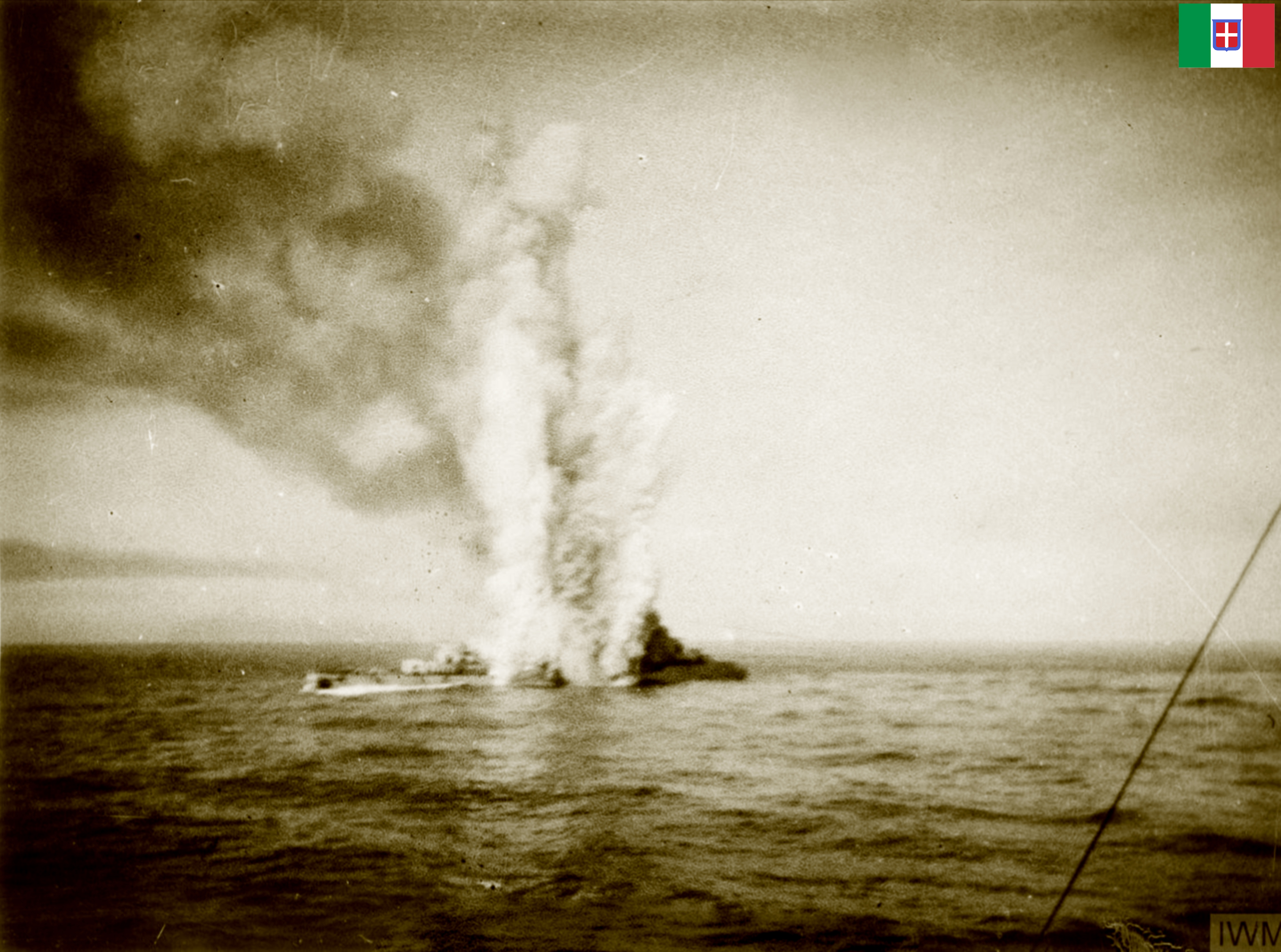 Battle of Cape Spada tower of smoke pours from the Bartolomeo Colleoni just before she sinks IWM A221