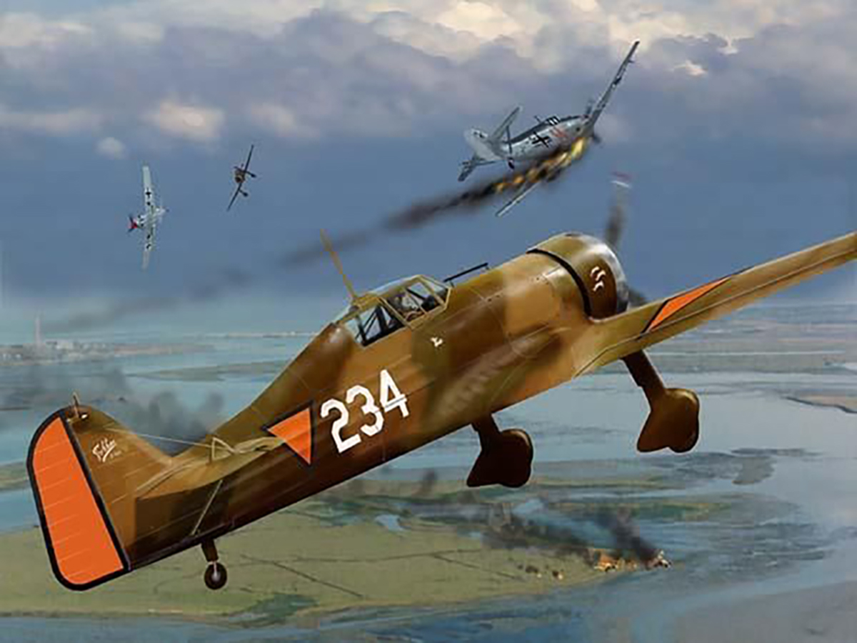 RNLAF Luchtvaartbrigade Fokker D.XXI White 234 painting depicting air war over Holland web 0A