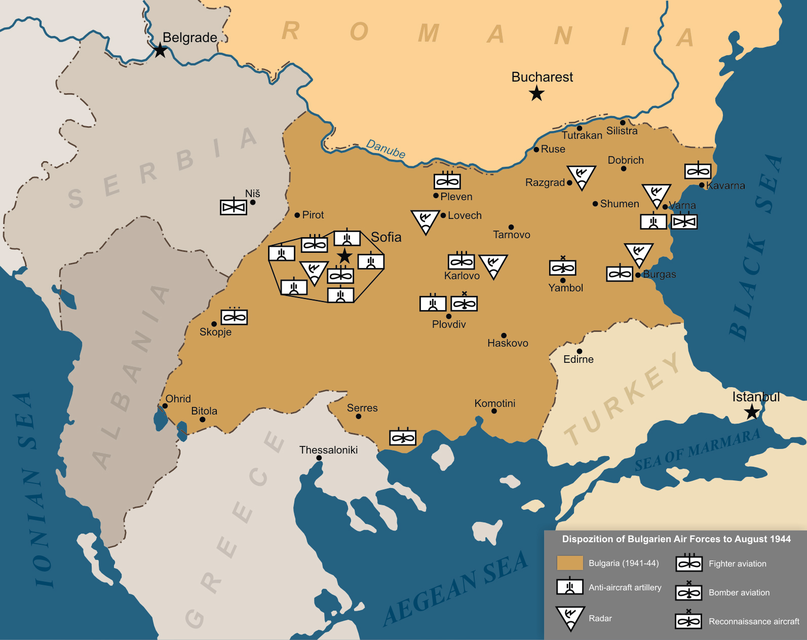 Artwork map showing the Bulgarien Air Forces main bases August 1944