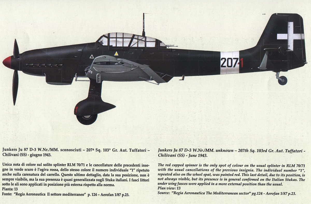 Junkers Ju 87D3 Picchiatelli RA 103 Gruppo 207 Squadriglia red 1 Chilivani AF June 1943 0A