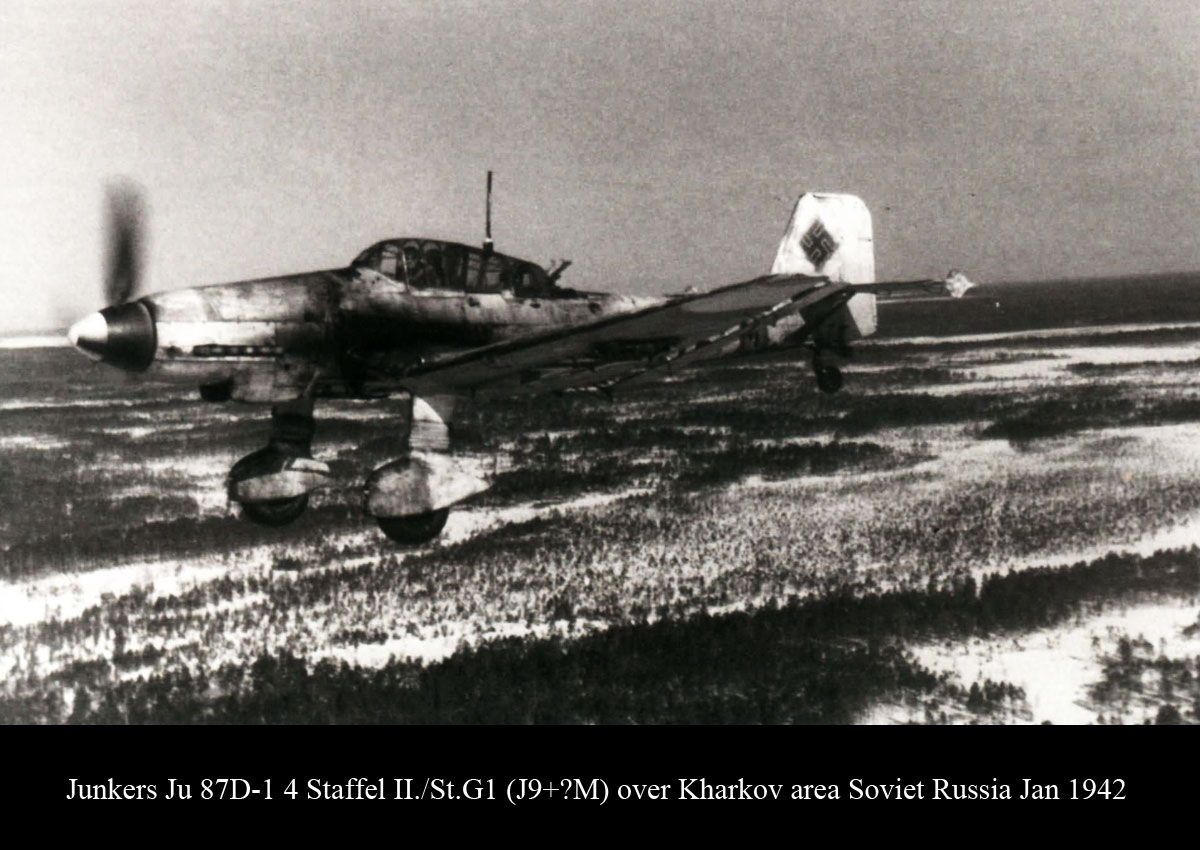Junkers Ju 87D1 Stuka 4 Staffel II.StG1 (J9+ M) over Kharkov area Soviet Russia Jan 1942