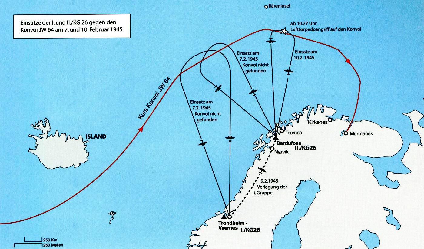 Artwork showing the KG26 mission map for contact with Arctic convoy JW 64 Feb 1945