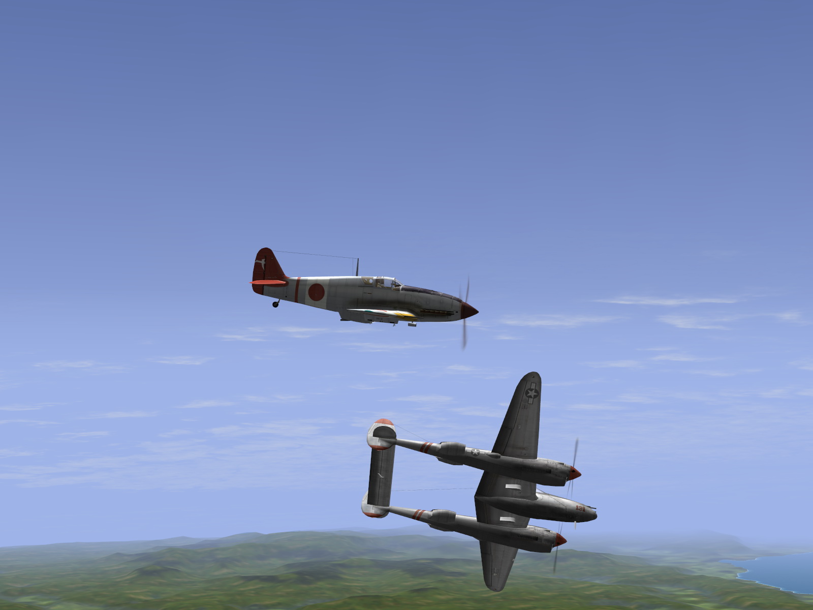 IL2 UF Ki 61 Hei 244 Sentai Y33 dog fighting with P 38 Lightnings V04
